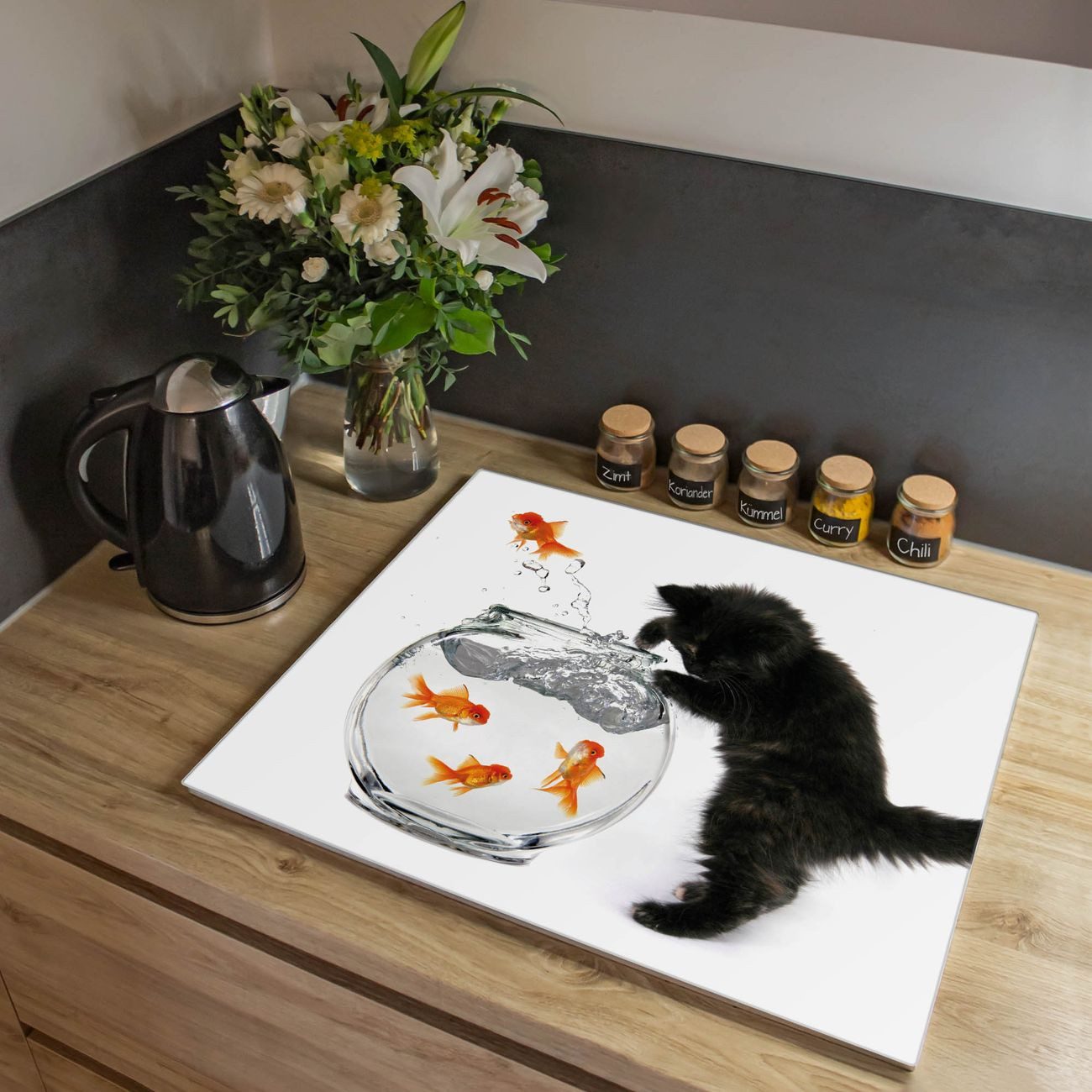 banjado Herd-Abdeckplatte einteilig aus Glas mit Motiv Katze Und Fisch, (gehärtet, 1 tlg., inkl. selbstklebende Gummifüßchen)