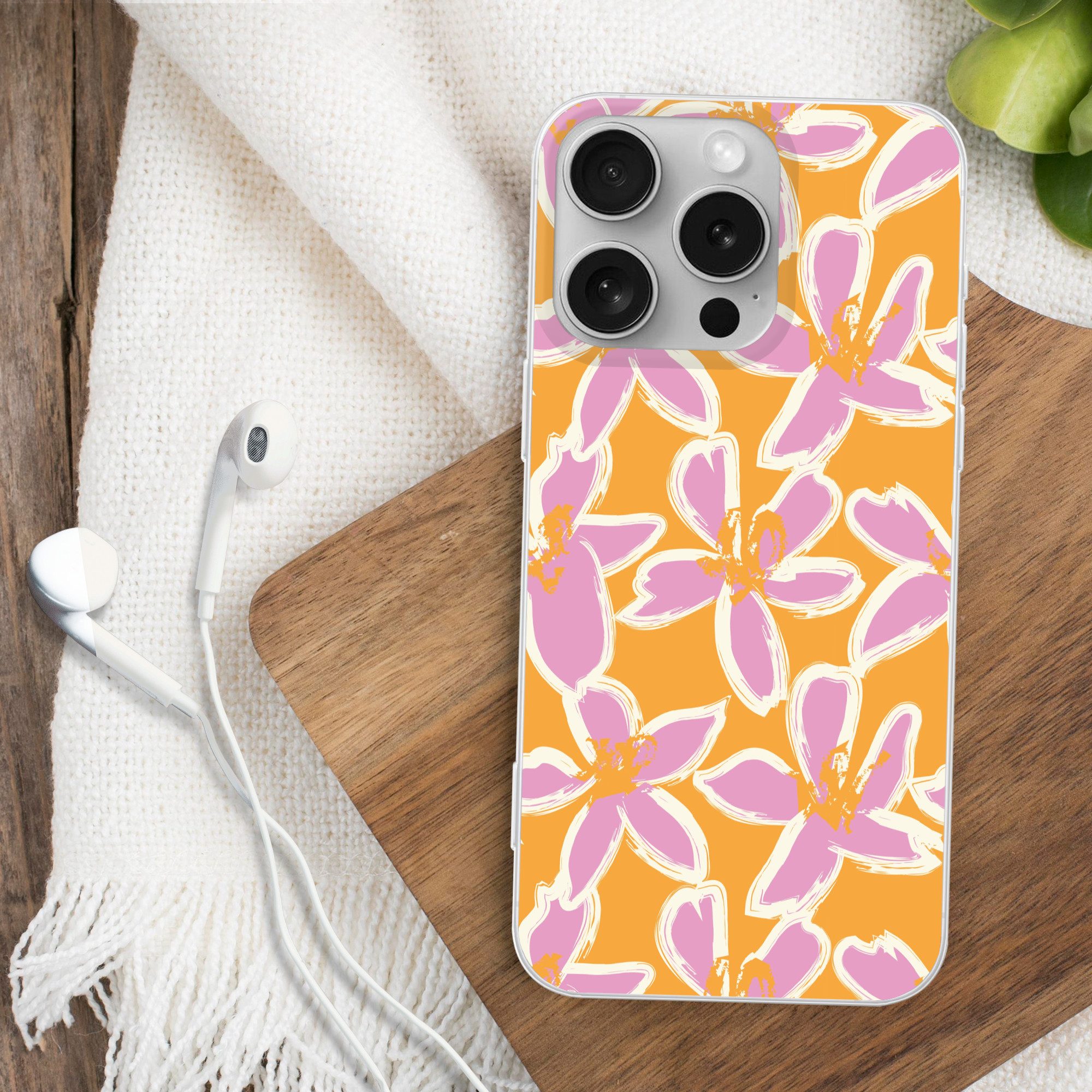 MuchoWow Handyhülle für Apple iPhone 16 Pro Blumen - Muster - Rosa - Orange, Smartphone-Bumper, Print, Handy Schutzhülle Dünn