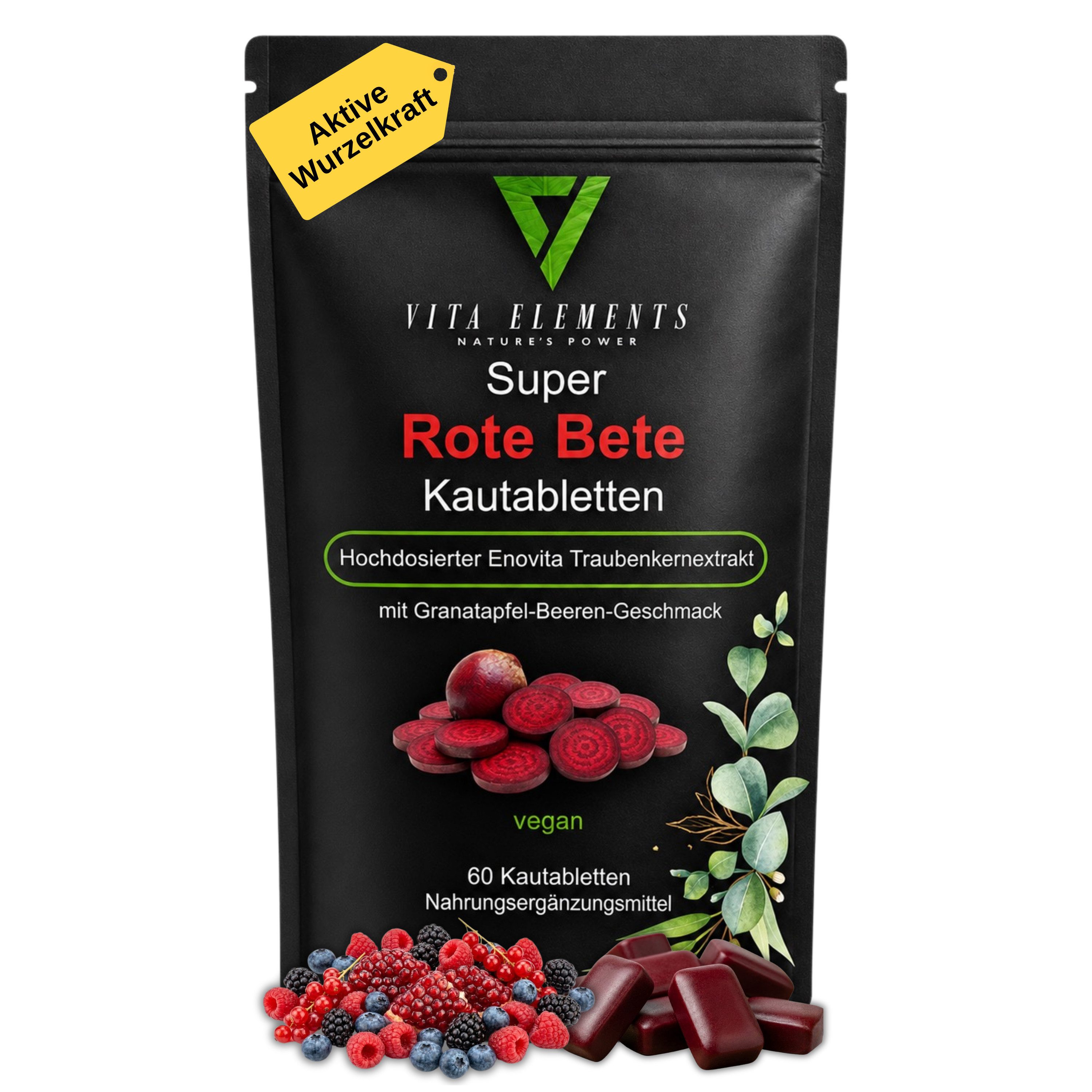 Vita Elements Rote Bete Kautabletten, 60 St., Vegan frei von Gentechnik Laborgeprüft in Deutschland