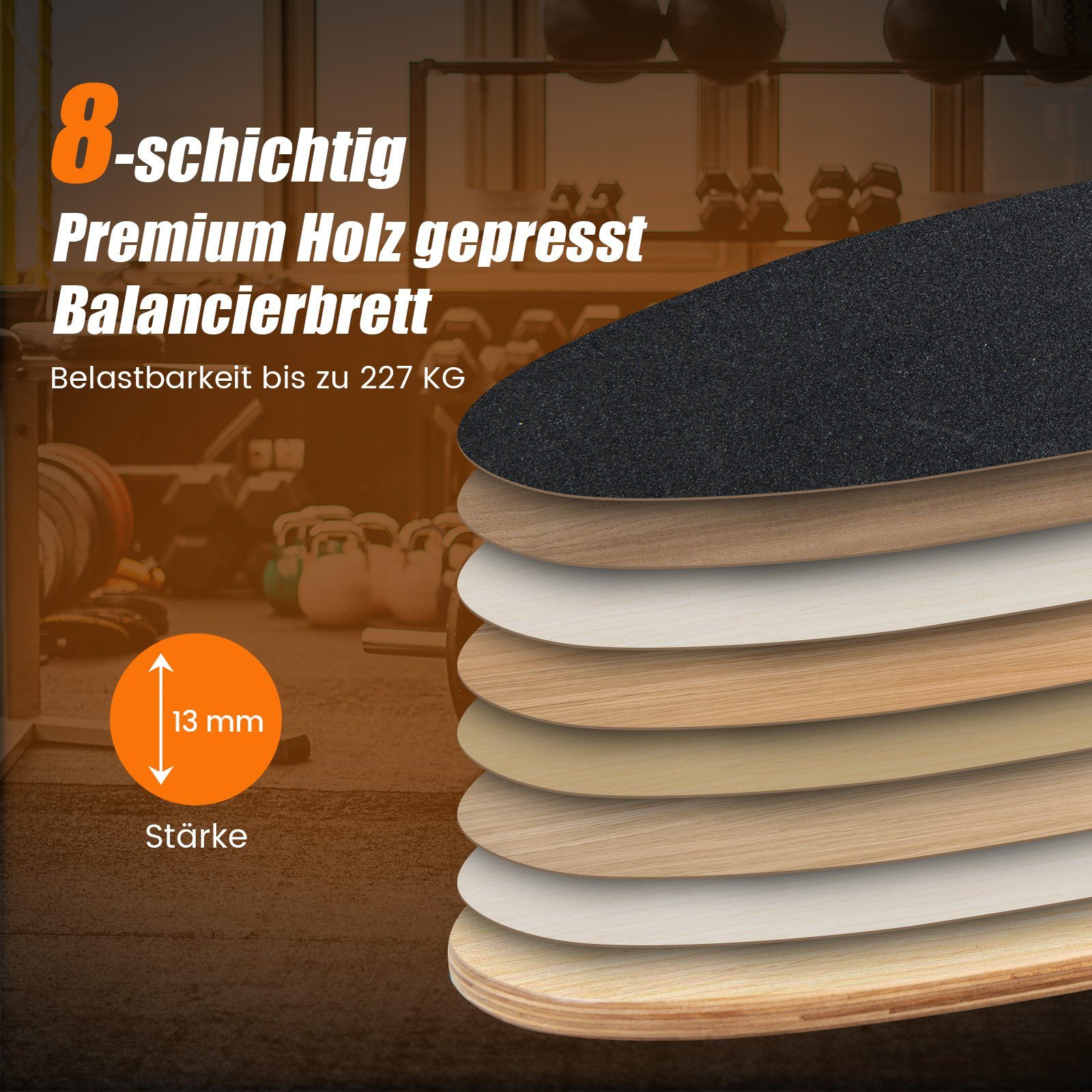 COSTWAY Balanceboard, aus Holz, für zuhause, inkl. Korkrolle, bis 227kg