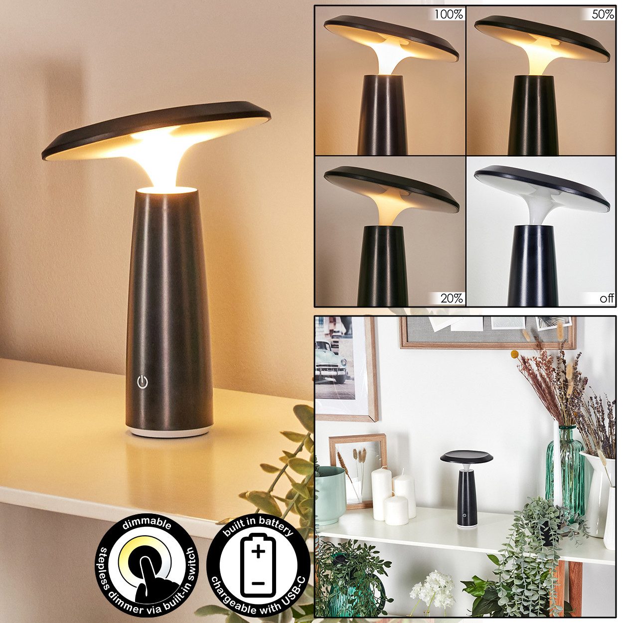 hofstein Tischleuchte dimmbare Tischlampe aus Kunststoff in Schwarz/Weiß/Klar, ohne Leuchtmittel, verstellbare Leuchte, Akku, Touchdimmer, 1 Watt, 100 Lumen, Wohnzimmer