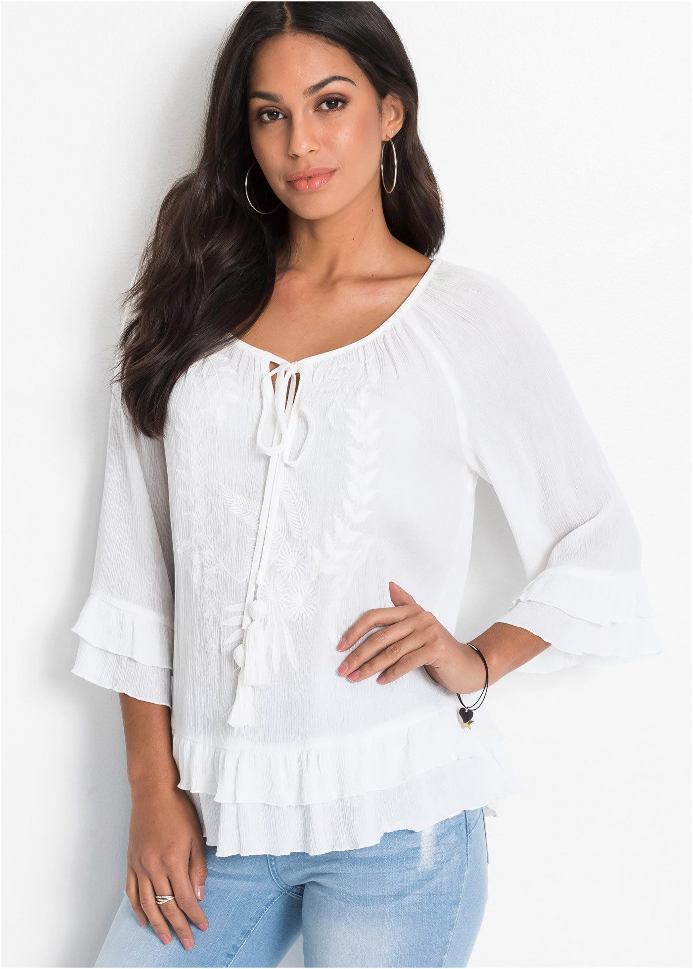 bonprix Tunika (1-tlg) A-Linien-Passform, mit 3/4-Ärmeln, gleichfarbige Stickerei