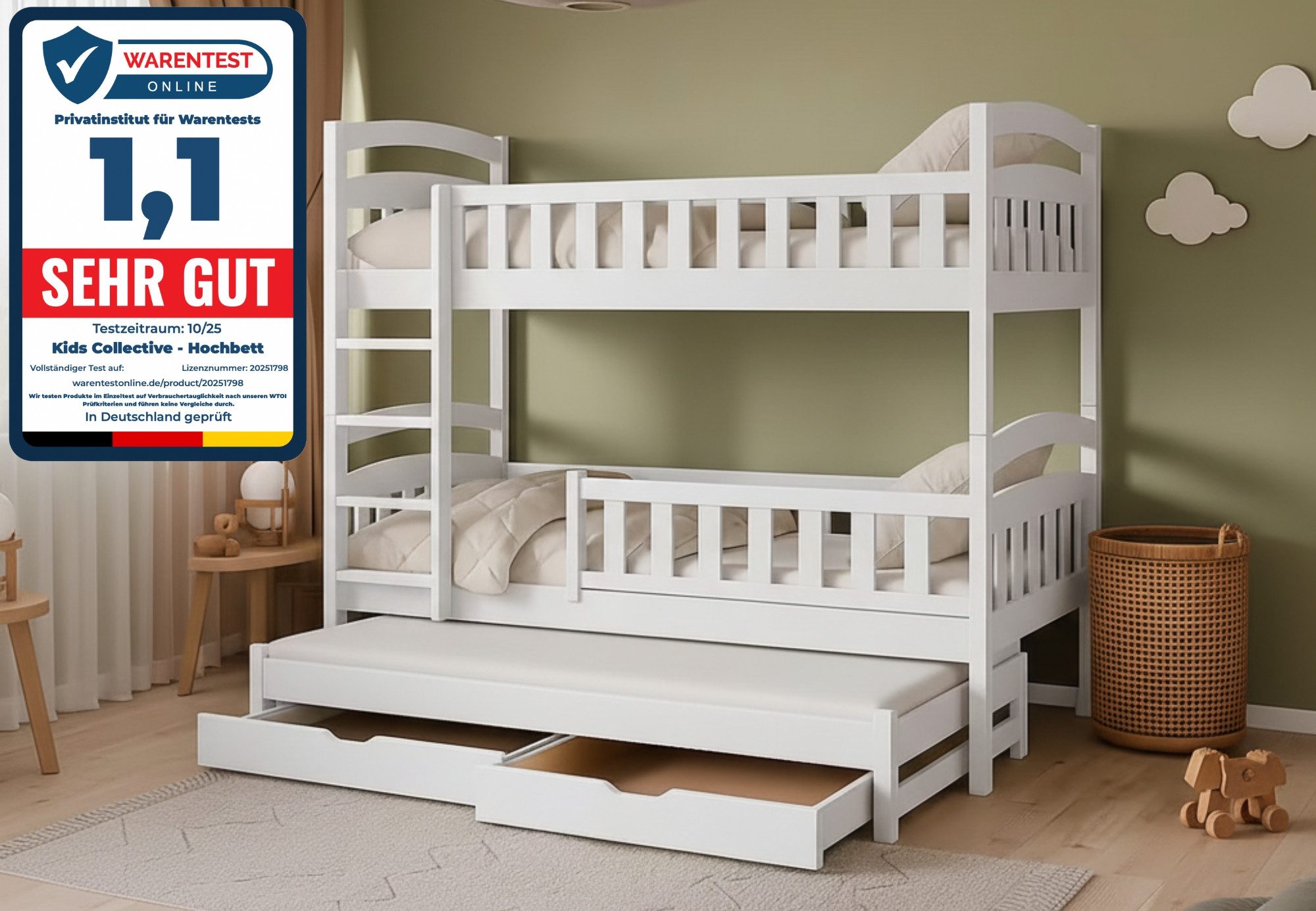 Kids Collective Etagenbett Hochbett Stockbett Kinderbett 90x200 cm mit Ausziehbett und Schubladen (Modell 2025), Umbaubar zu 3 Одноместные кровати mit Кровати на рейкахn & Rausfallschutz, weiß