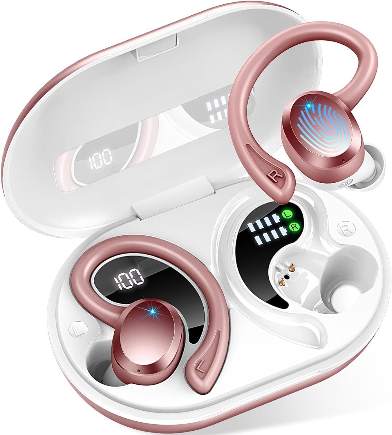 Rulefiss Kabellos Bluetooth 5.3 Sport LED Anzeige IP7 Wasserdicht mit 800mAh In-Ear-Kopfhörer (Genießen Sie dynamischen Stereo-Klang mit den Rulefiss Q38 Kopfhörern., mit HD Mic 48Std Hi-Fi Stereo In Ear Kopfhörer 14.2 mm TreiberOhrhörer)