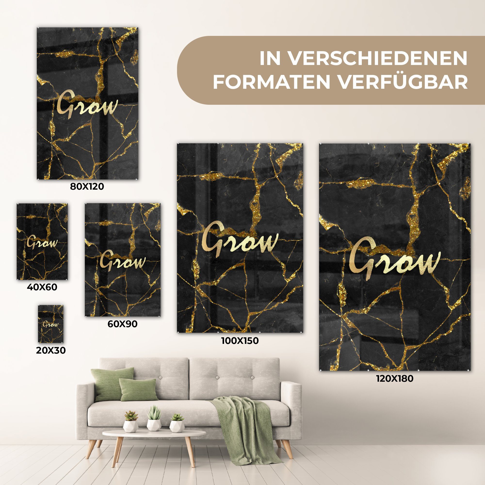 - Glasbilder St), Wandbild MuchoWow - - Gold Glas auf Acrylglasbild (1 Schwarz, Zitat Wachstum Foto - - - Glas auf Bilder Wanddekoration