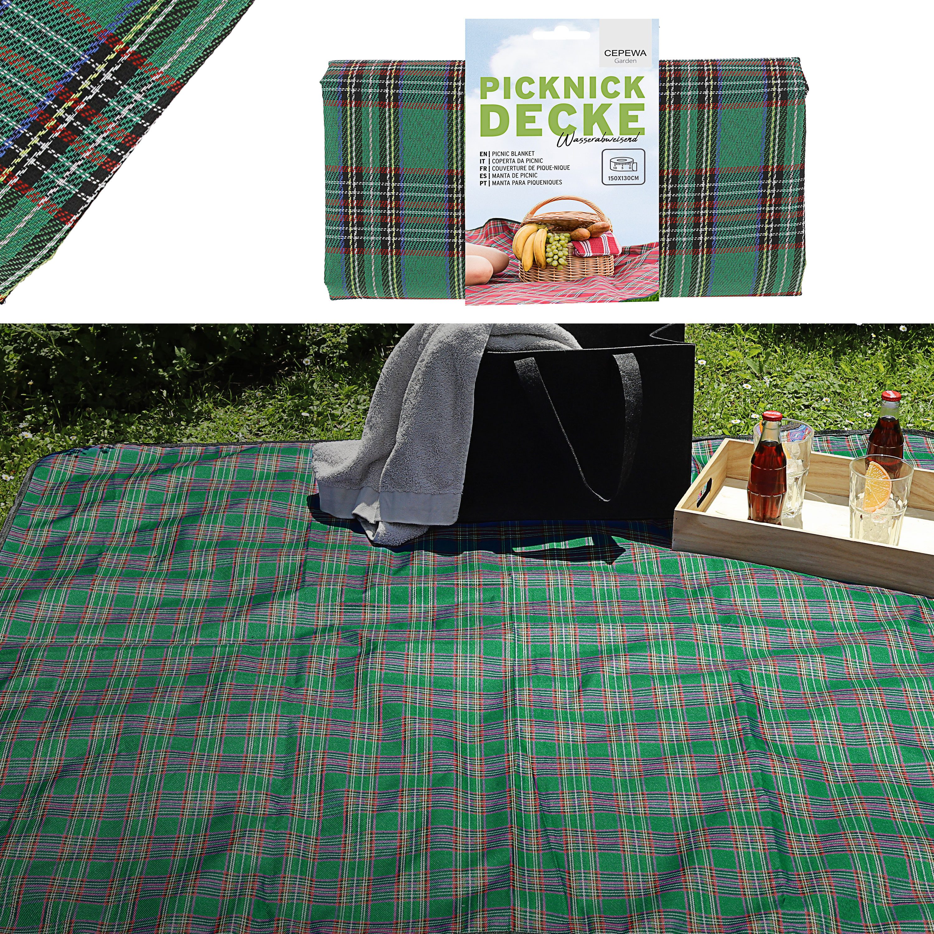 Outdoordecke Picknickdecke 150x130 grün Polyester Beschichtung wasserabweisend Karo, CEPEWA