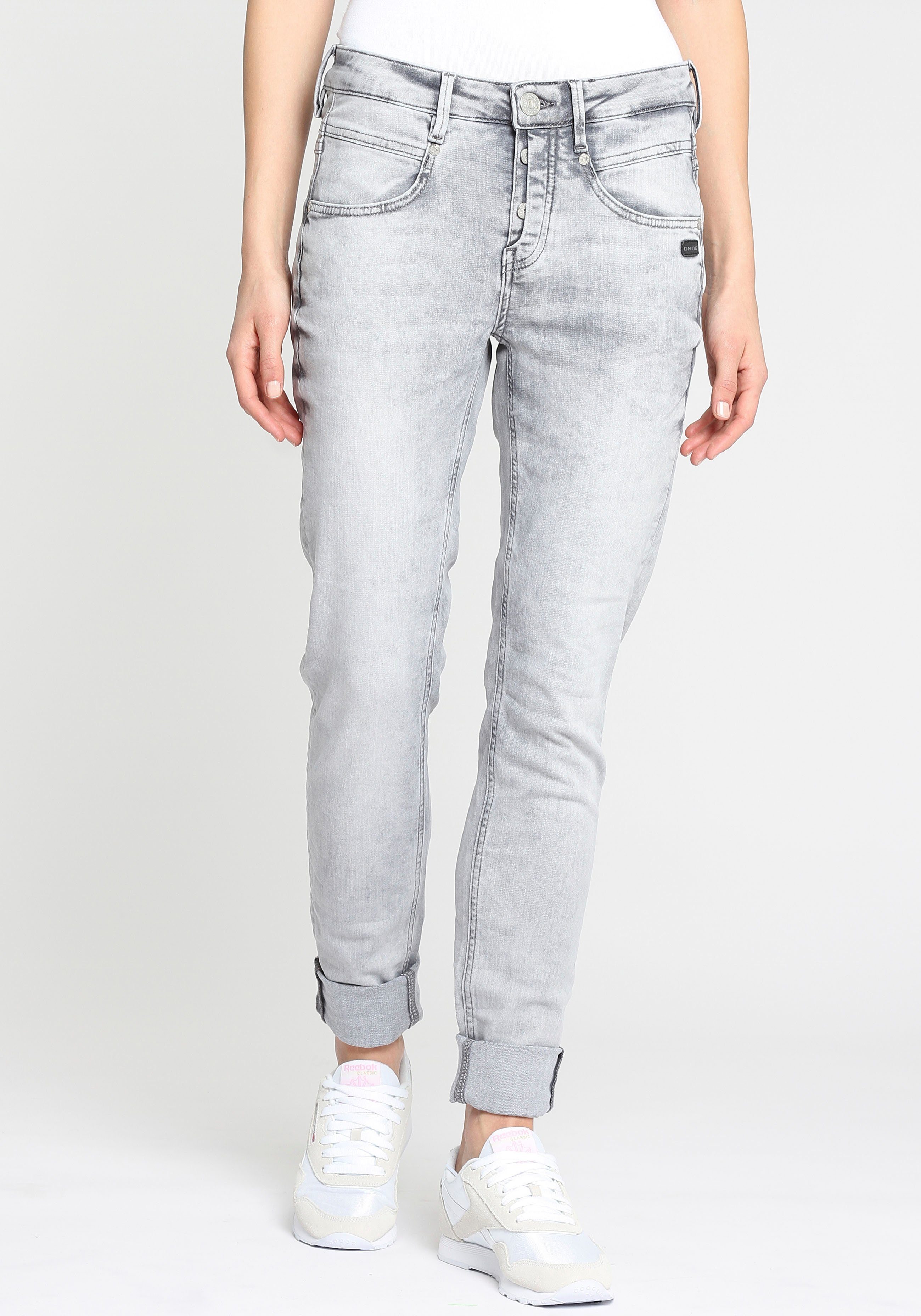 ein Style echter 94Medina oder Hingucker GANG mit Knopfleiste, - halb Skinny-fit-Jeans gekrempelt lang Cooler stylischer offener