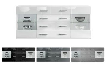 Vladon Sideboard Bari (Kommode mit 2 Türen, 4 Schubladen und 2 flexible Glaseinlegeböden), Weiß matt/Schwarz Hochglanz (166 x 72 x 35)