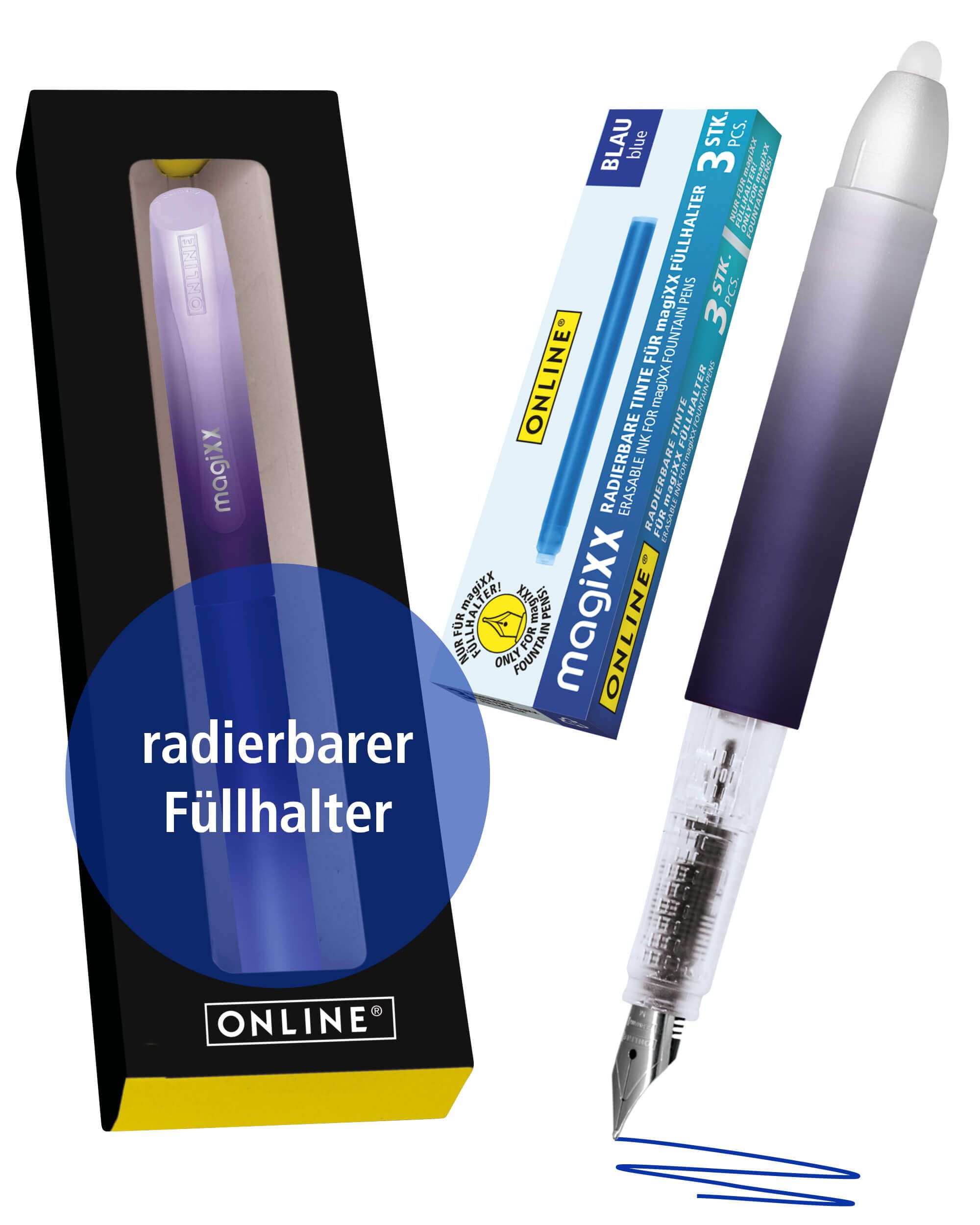 Online Pen Füller magiXX Radierbarer Füller, mit radierbarer, blauer Tinte, inkl. 4 magiXX Patronen, Vorteilspack