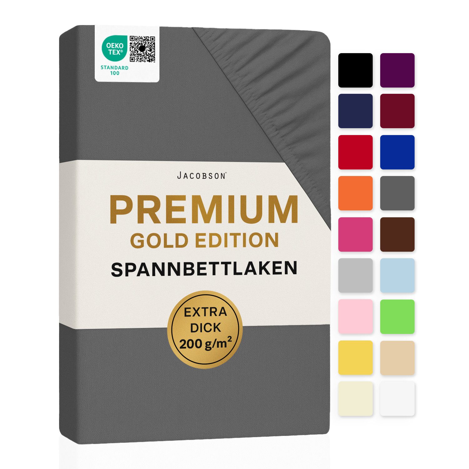 Jacobson Spannbettlaken PREMIUM 200 g/m² Jersey aus 97% Baumwolle & 3% Elasthan, Extra dichtes Bettlaken mit maximalem Halt