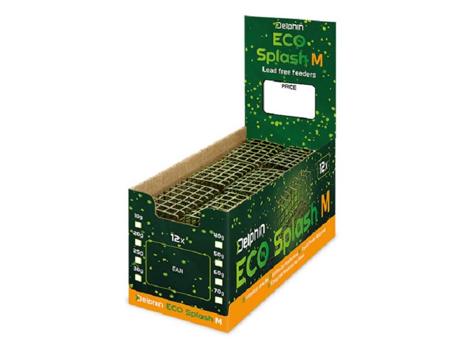 Delphin.sk Feederkorb 12 Stück SET ECO Splash Futterkorb Bleifrei - ver. Größen 10g bis 70g, (12-St. 12er SPAR SET), Blei- und Stahlgewicht ersetzt, damit die Umwelt nicht belastet wird