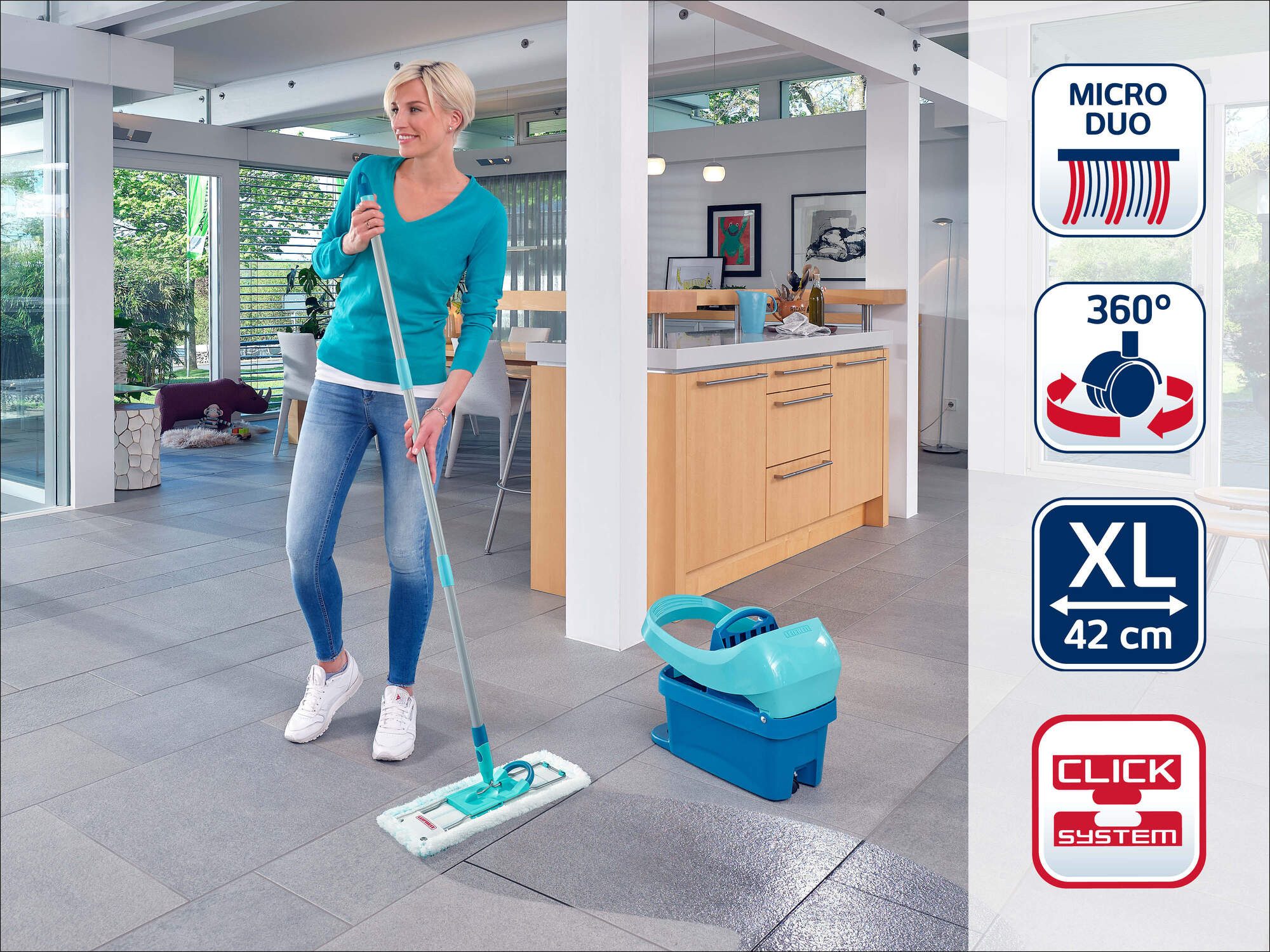 Leifheit Bodenwischer-Set Set Wischtuchpresse Profi XL mit Rollen, Bodenwischer mit micro duo Be, (5-St), Zwei Bezüge, für alle Böden, bis 400× maschinenwaschbar