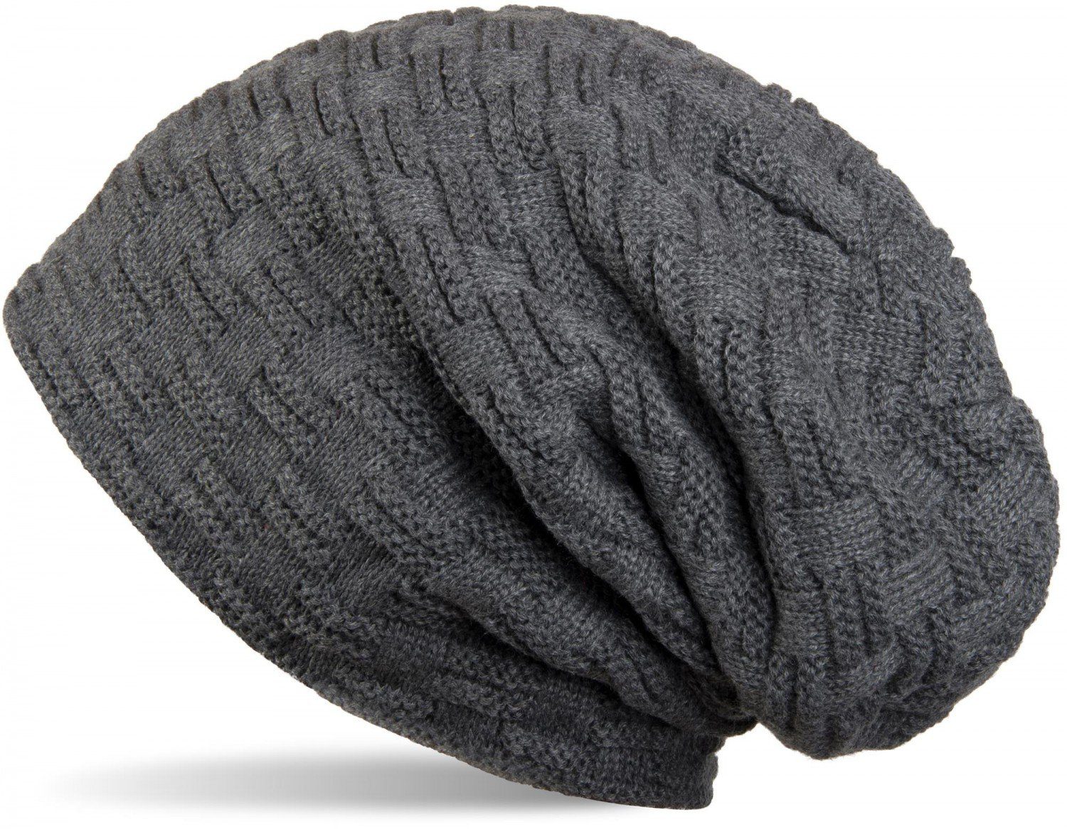 styleBREAKER Strickmütze (1-St) Feinstrick Beanie mit Flecht Muster und Teddyfleece Dunkelgrau