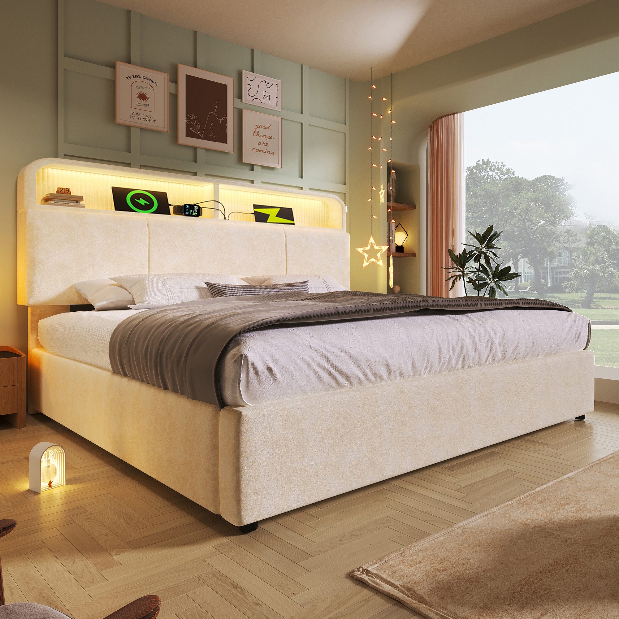 Ulife Stauraumbett mit höhenverstellbarem Stauraum-Kopfteil, (1-tlg), mit LED-Beleuchtung & USB/Type-C Ladestation, 90x200 cm
