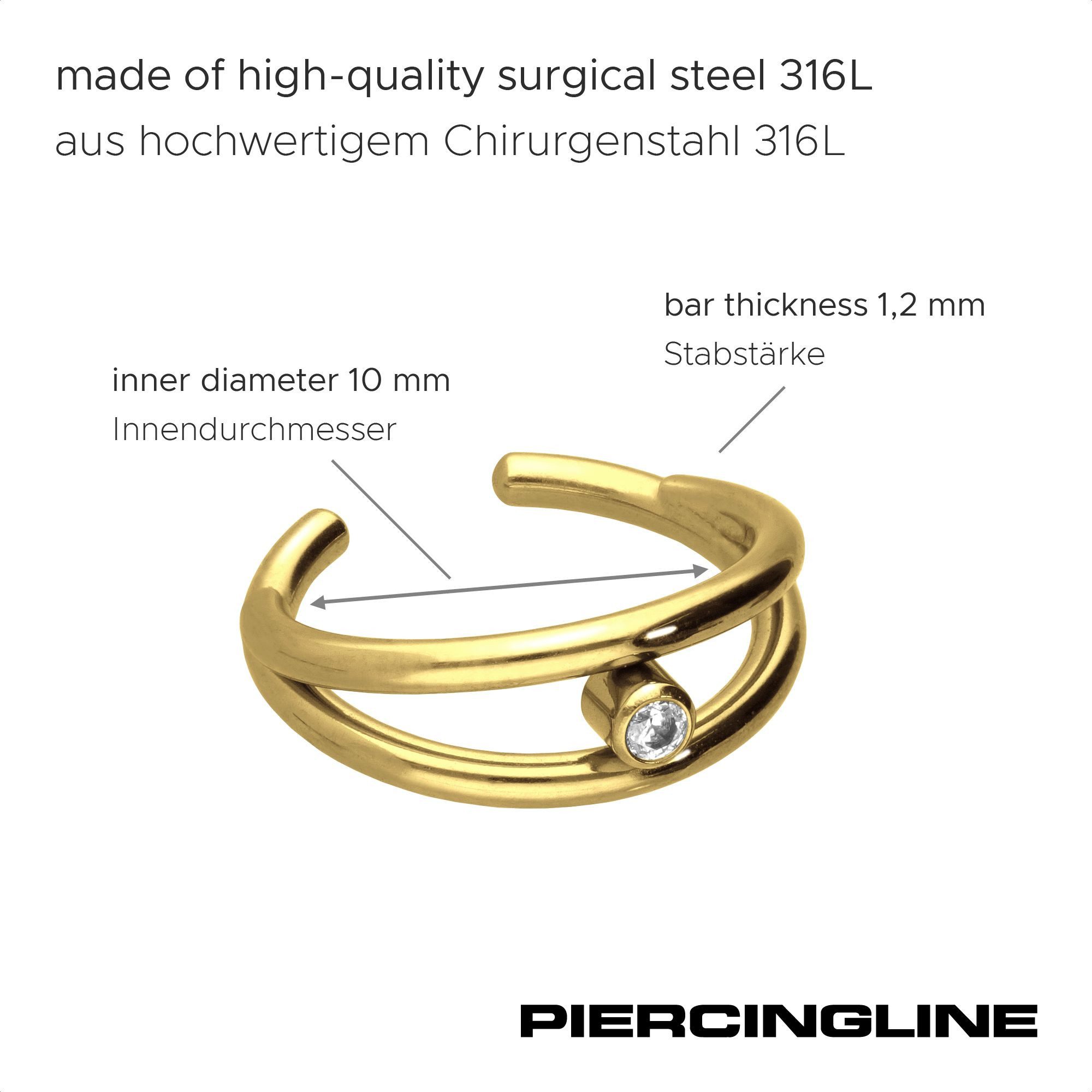 PIERCINGLINE Fake-Spirale Chirurgenstahl Fake Ohrring 2 RINGE + KRISTALL (Fake Piercing-Ringe, 1-tlg)