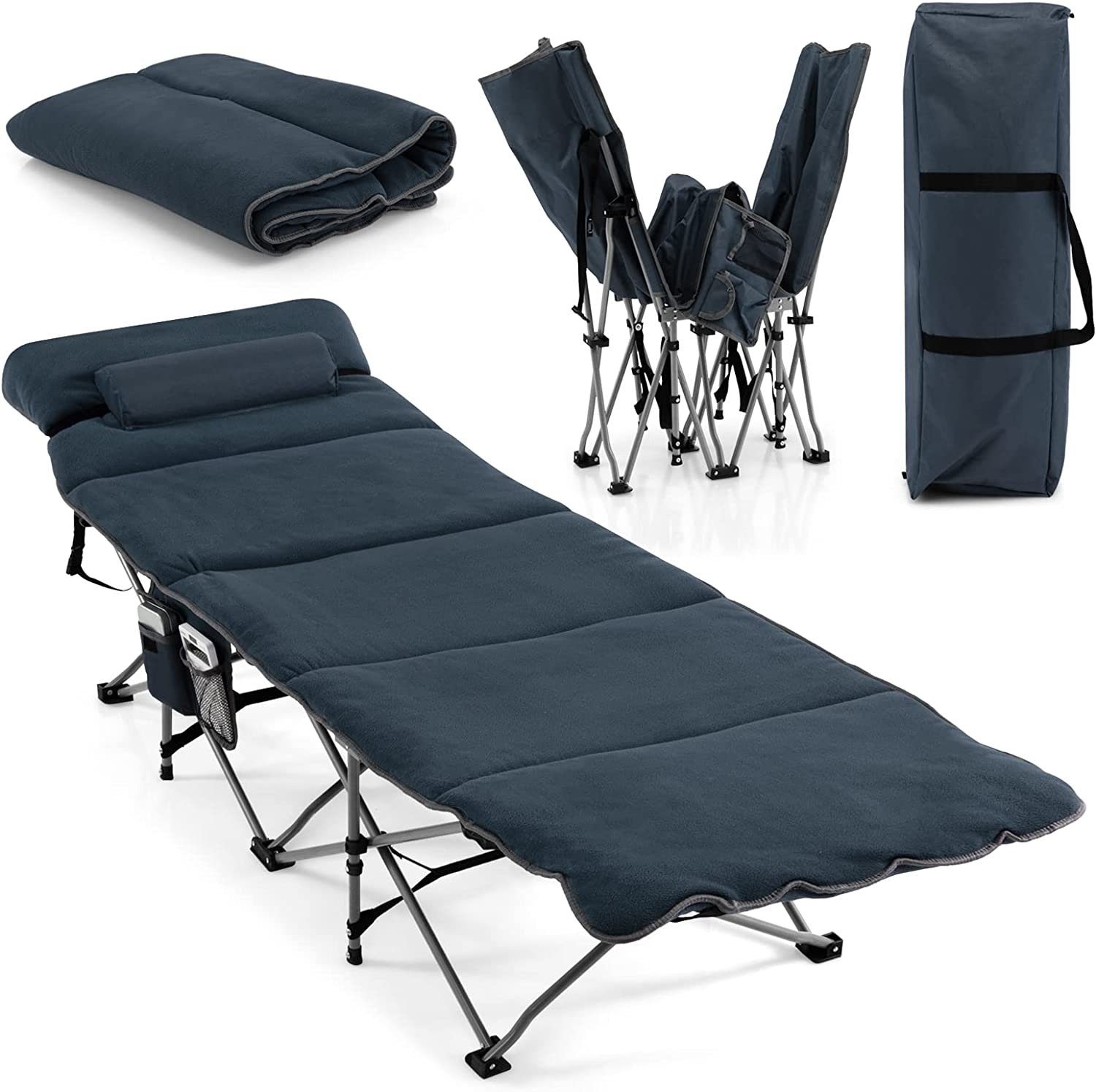 KOMFOTTEU Campingliege Klappbares Campingbett mit Abnehmbarer Matratze & Kissen tragbares Schlafbett Blau