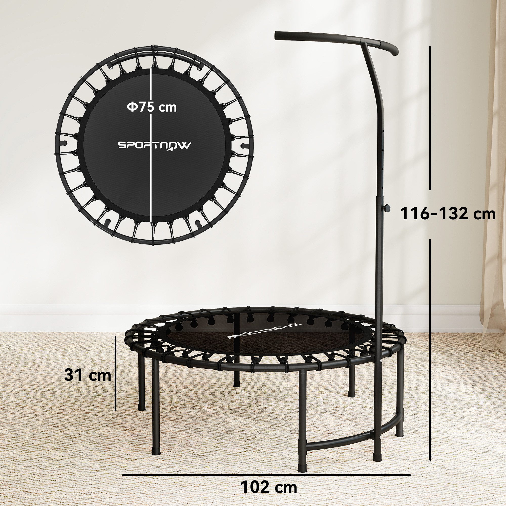SPORTNOW Fitnesstrampolin Trainingstrampolin, Ø 102 cm, (Trainingstrampolin, 1 tlg., Indoor Trampolin), 5-stufig verstellbarer T-förmiger Griff, Schwarz