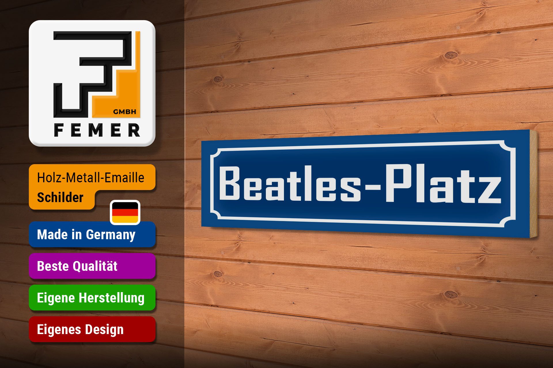 Femer GmbH Holzbild Hinweis 46x10 cm Beatles Platz blaues, (1 St), Glatte Holzfaserplatte (MDF), vorn beschichtet