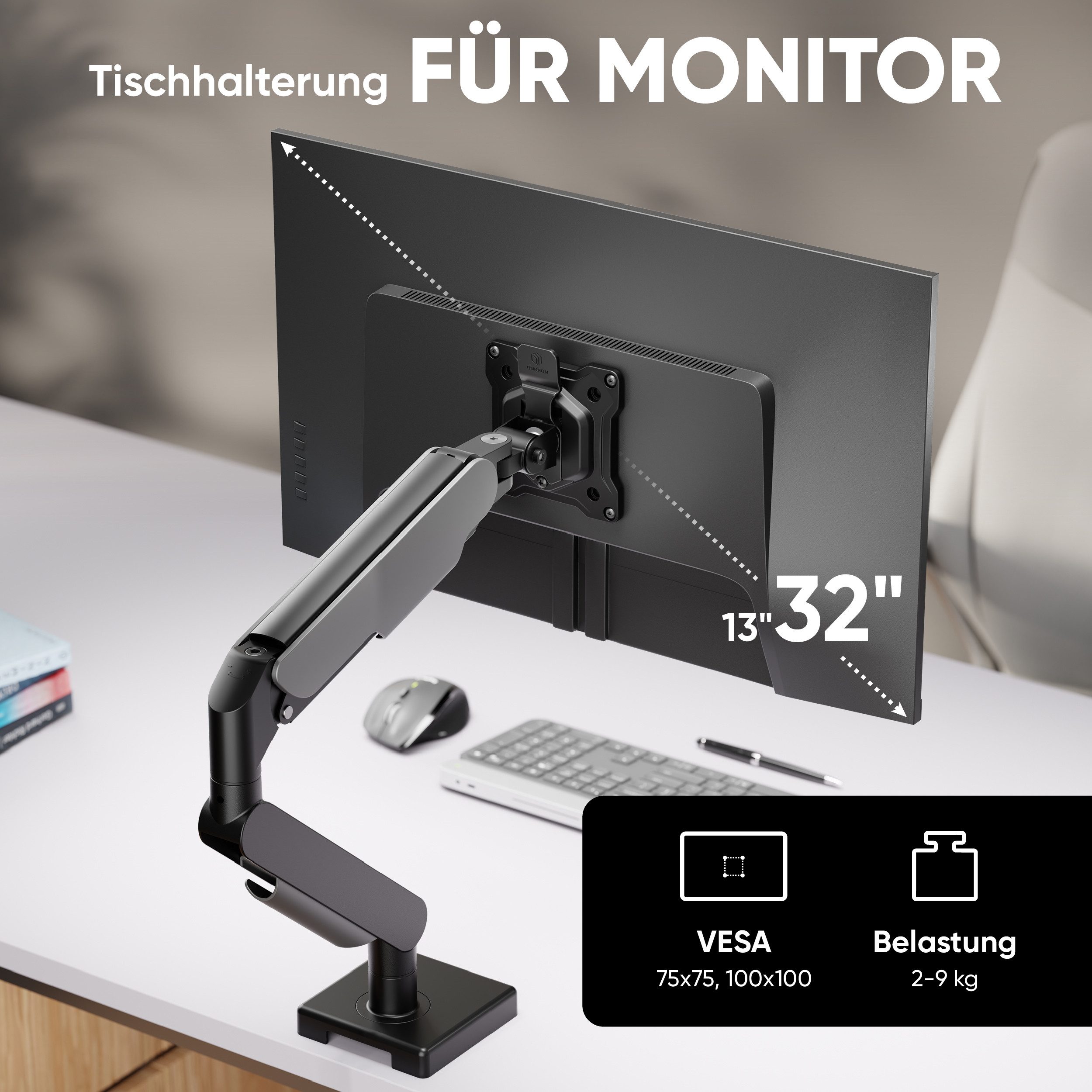 ONKRON Monitor-Halterung 13-32 Zoll, bis 8 kg, VESA 75x75-100x100, (bis 34 Zoll, neigbar, schwenkbar, drehbar, Gasdruckfeder, Kabelmanagement)