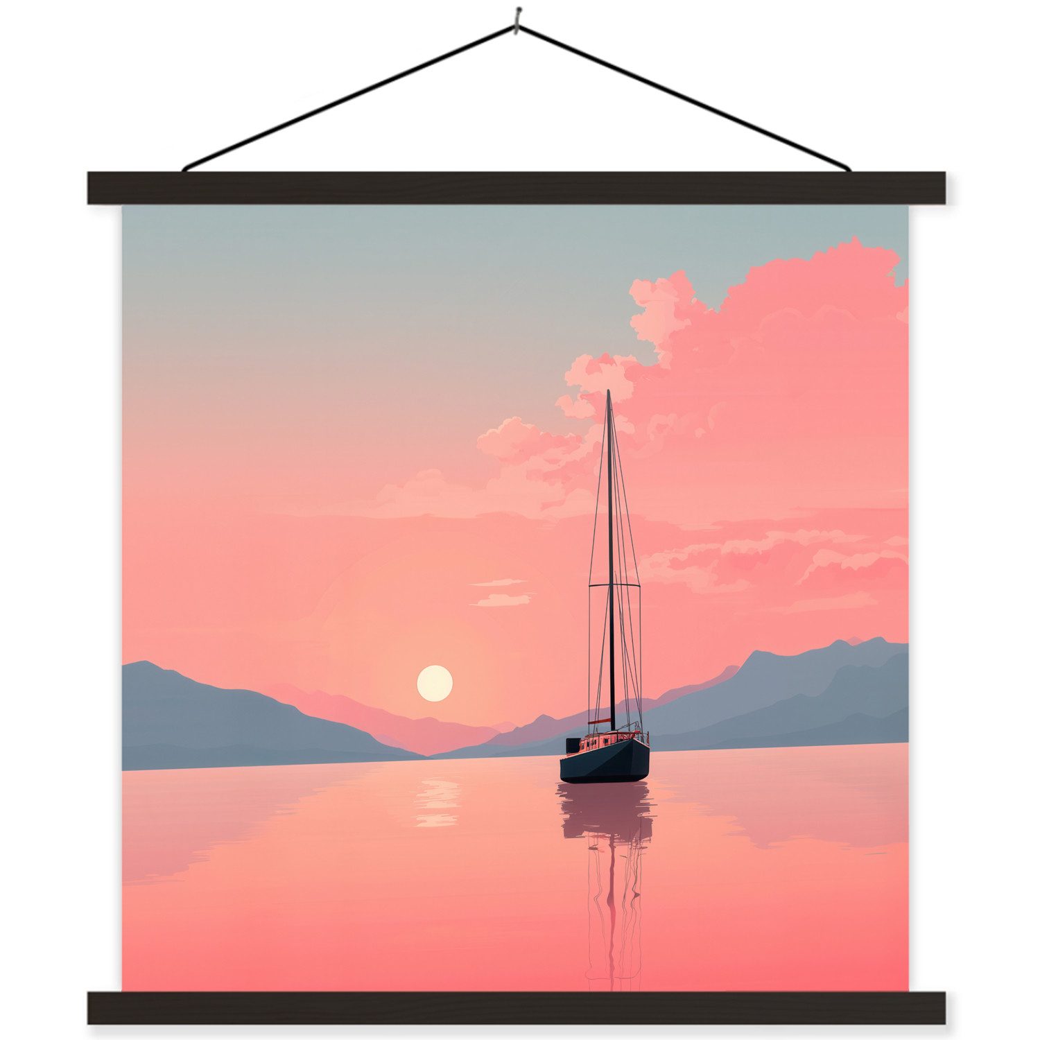 MuchoWow Poster Segelboot - Rosa Meer - Sonnenuntergang - Berge, (1 St), Magnetische Posterleiste, Holzleisten, Textilposter, 40x40 cm