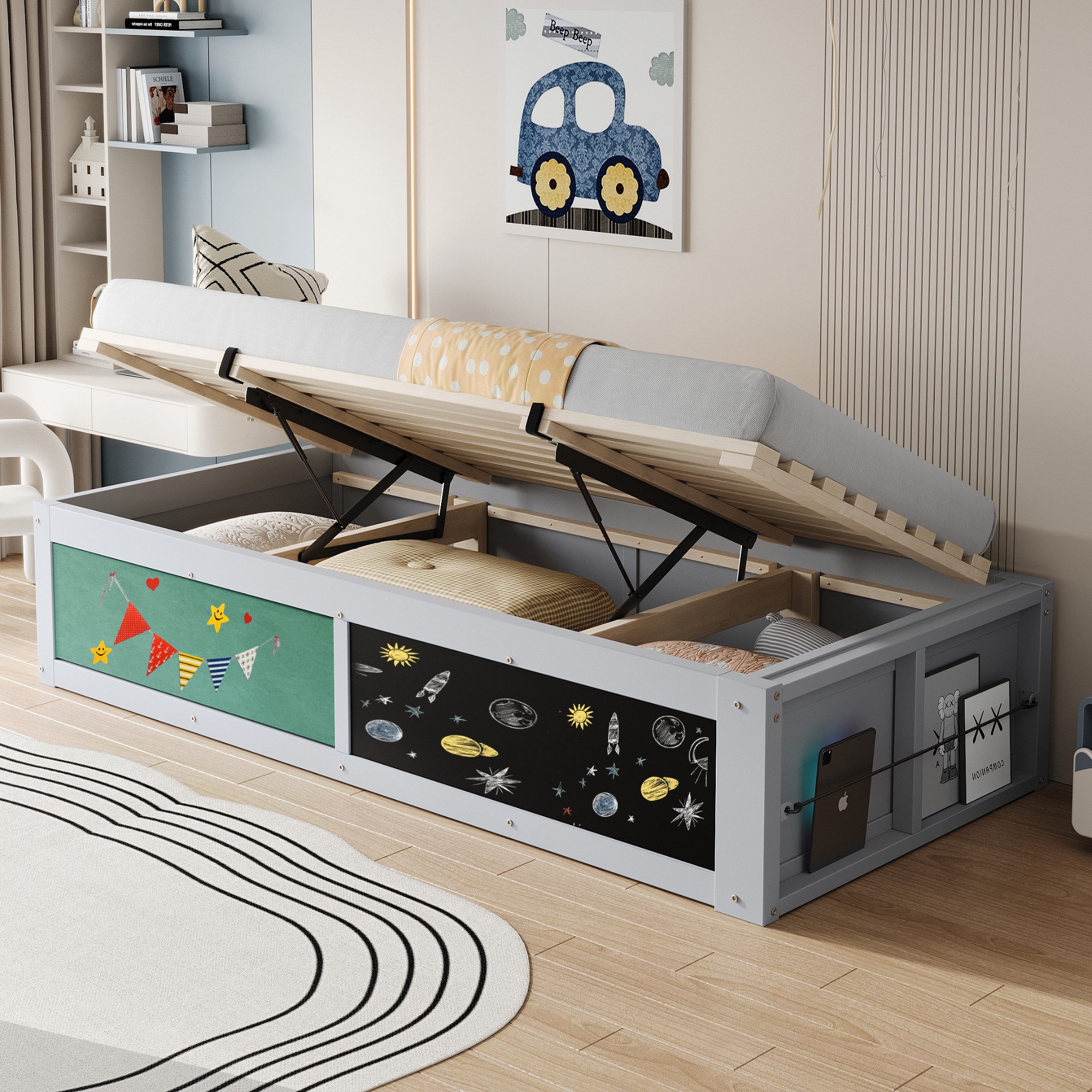 Odikalo Kinderbett Einzelbett 90x200 mit Bettkasten weiss grau (Holzbett, 90 × 200 cm, mit hydraulischer Verstellung, Schreibplatte und filzbezogener Oberseite. Mit Stauraum für Bücher, links/rechts montierbar. Einzelbett, Kinderbett)