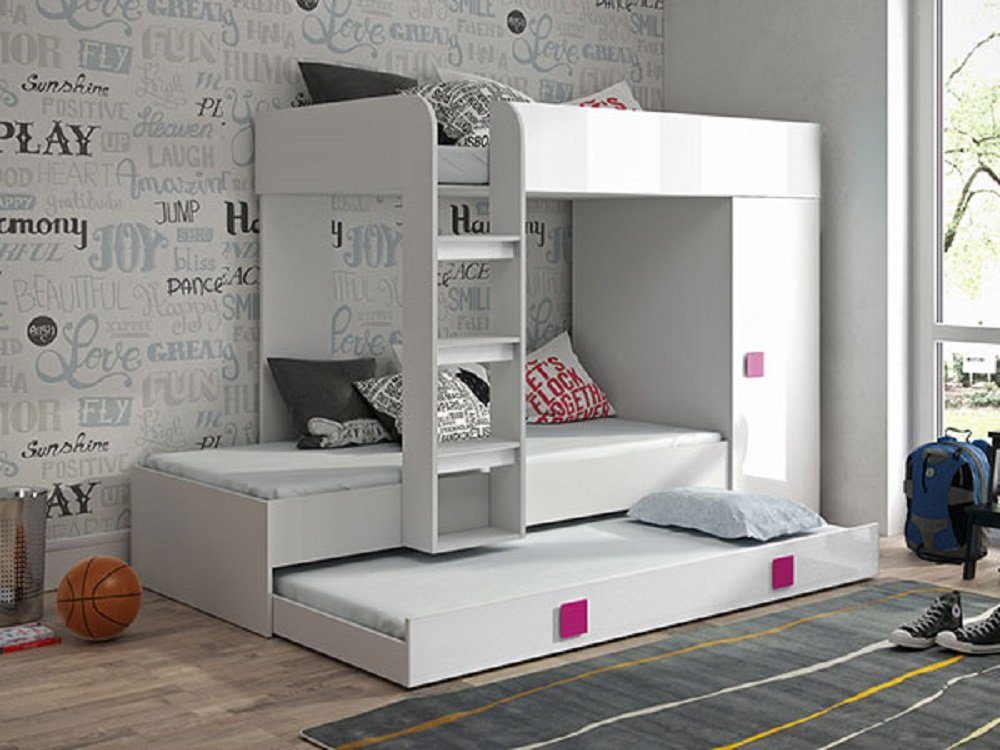 Feldmann-Wohnen Hochbett TOLEDO 2 (Etagenbett mit Kleiderschrank) Farbe wählbar weiß / weiß Hochglanz - Griffe pink | Hochbetten
