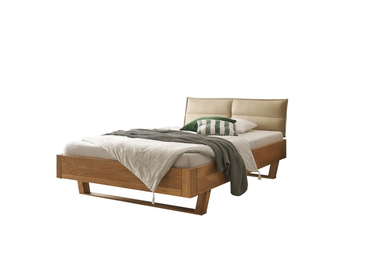 Natur24 Einzelbett Tjark Bett Eiche Massiv 140x200 mit Polsterkopfteil