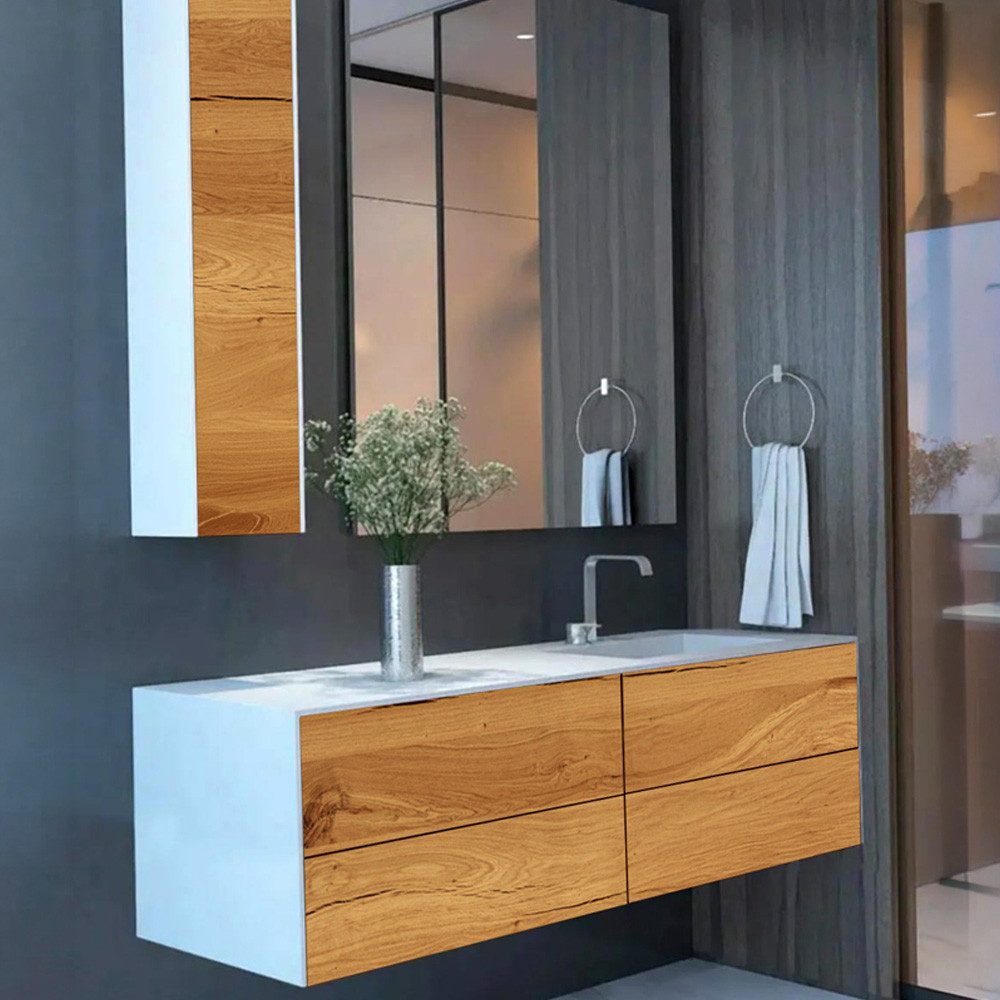 Henneke Waschtisch Corian® WoodOne+ mit Becken rechts eckig und Unterschrank zweireihig, Fugenlos aus Mineralwerkstoff
