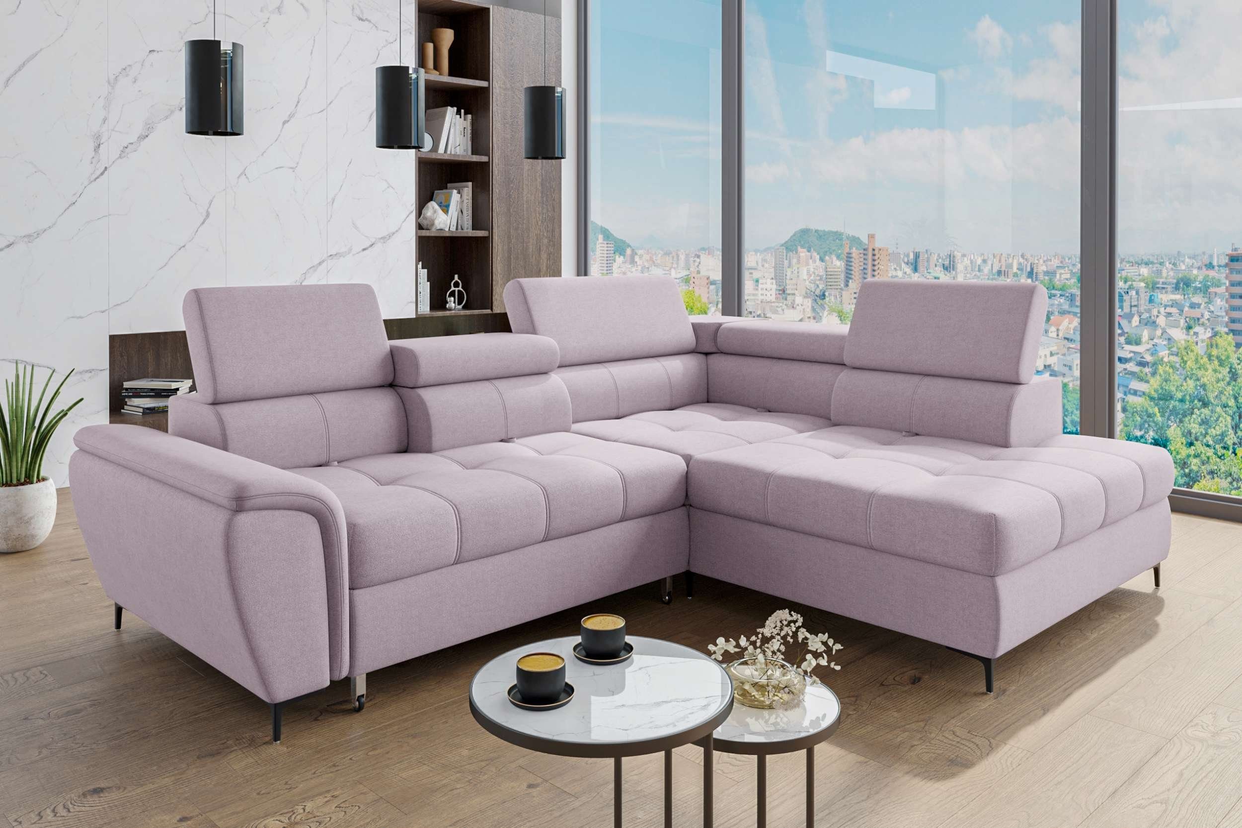 Stylefy Ecksofa Xander, rechts links und wahlweise Bettfunktion L-Form, Kopfteil-, Eckcouch, oder inklusive Rückenlehnen- mane Bettkasten, mit Sitztiefenverstellung und Helllila bestellbar