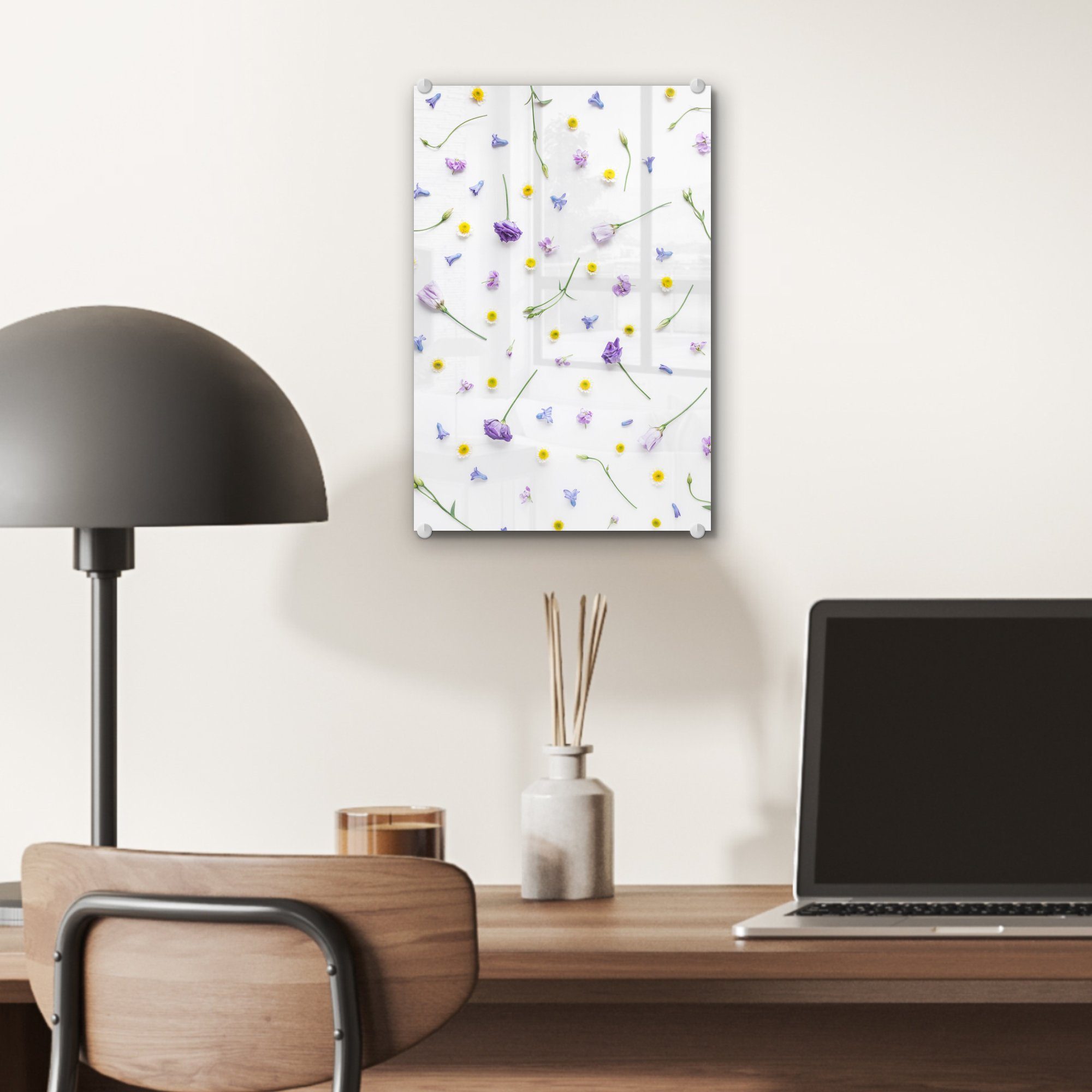 auf - - St), Gelb, - Glas MuchoWow Acrylglasbild Blumen - Wanddekoration Wandbild (1 auf Bilder - Foto Glasbilder Lila Glas