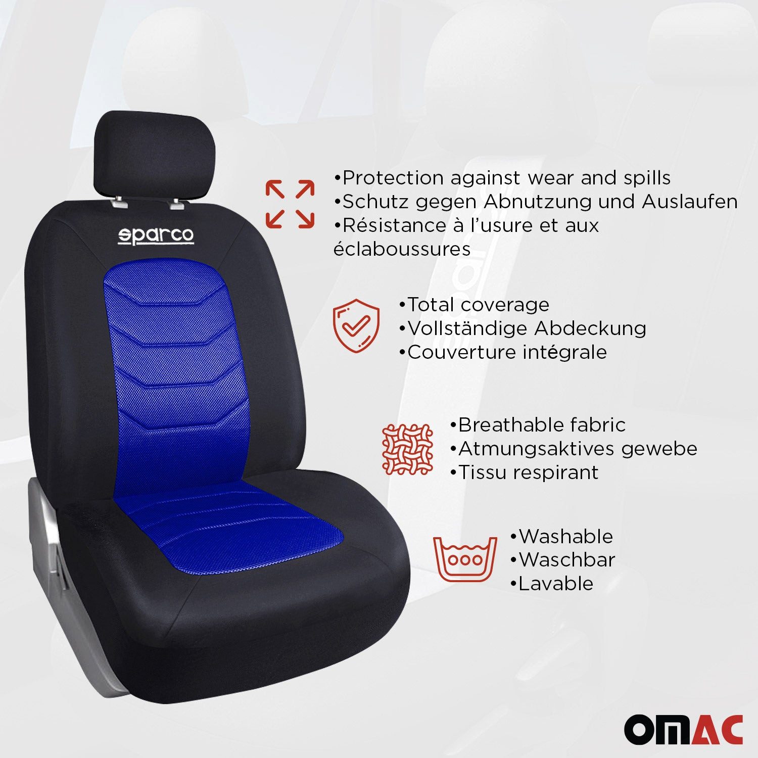 OMAC Car Seat Cover SPARCO Protective Covers Universal Blue Front Rear, Breathable, Compatible with Side Airbags