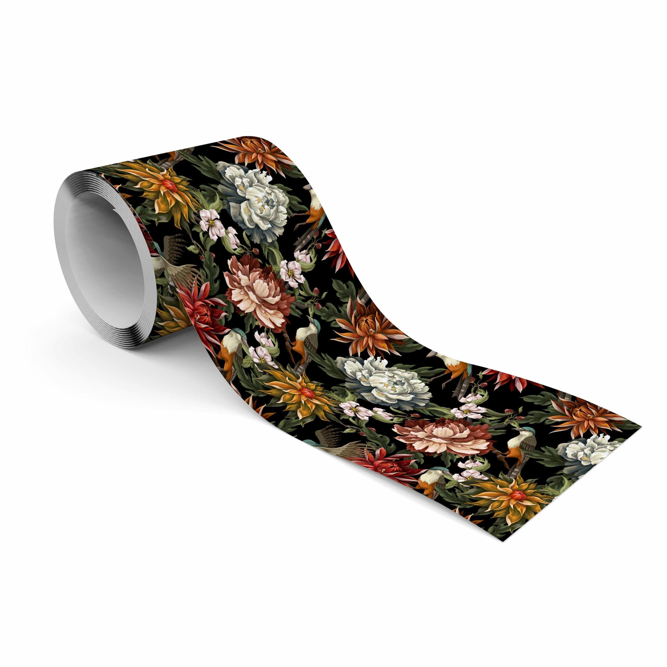 Muralo Bordüre Wandbordüre selbstklebend Blumen – Tapetenbordüre Wohnzimmer, floral, Herbstblüten in Orange und Rost auf Schwarz, 10 x 300 cm, abwischbar