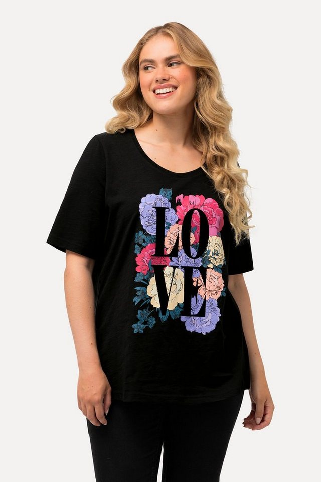 Ulla Popken Rundhalsshirt T-Shirt Love Blüten Rundhals Halbarm