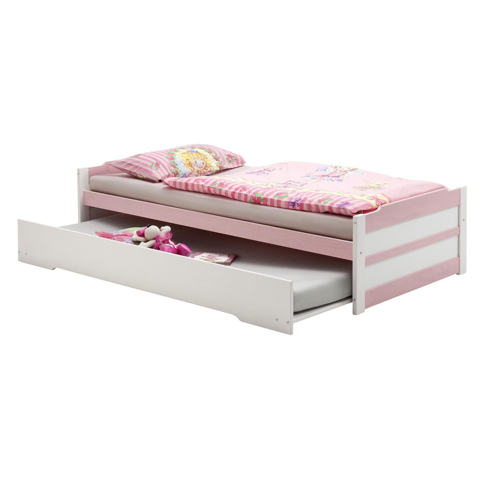 IDIMEX Funktionsbett LORENA, Ausziehbett Bett mit Stauraum Tagesbett Kiefer massiv weiss/rosa Bett weiß/rosa