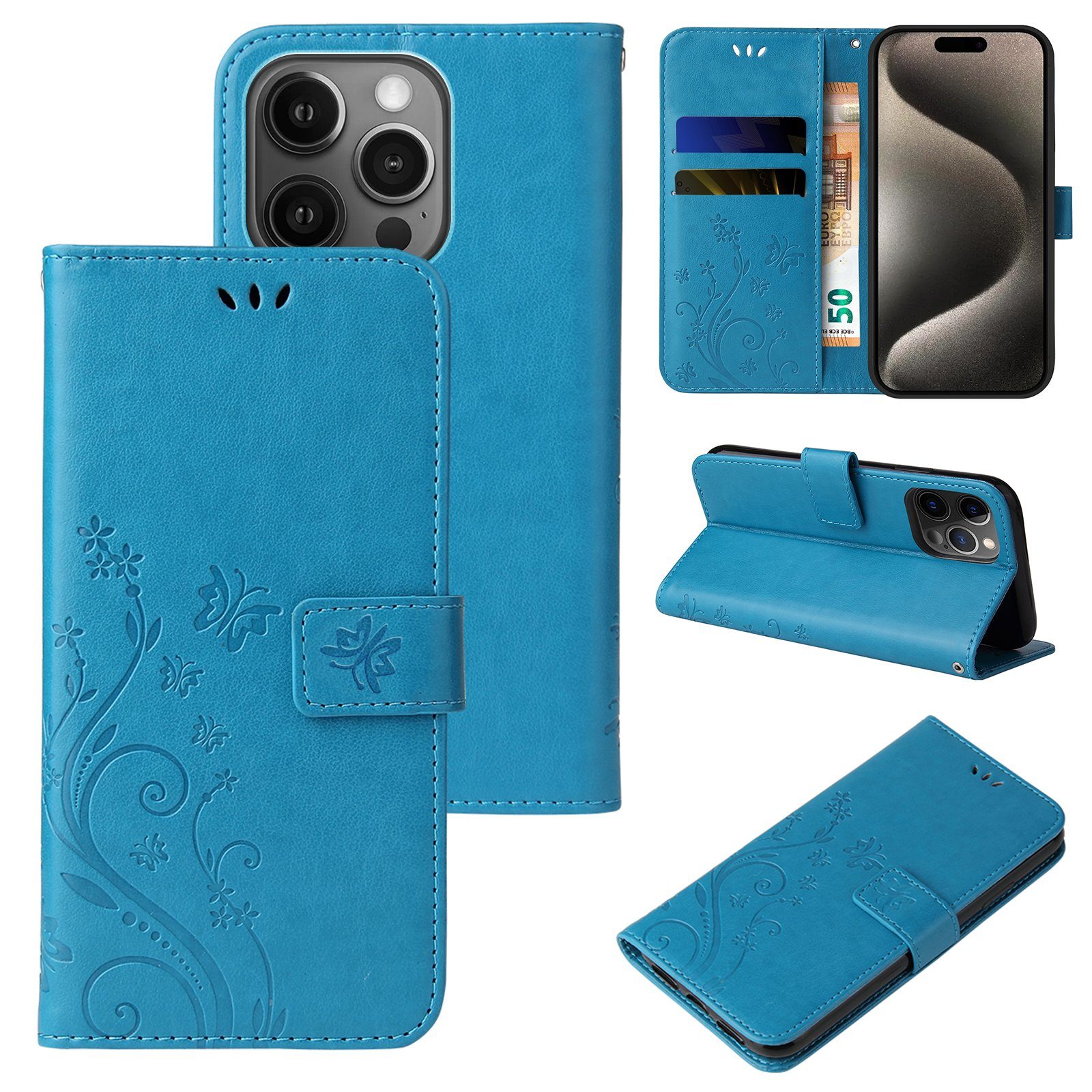 Tec-Expert Handyhülle Cover Tasche Hülle für Apple iPhone 15 Pro 6,1 Zoll, Klapphülle Case mit Kartenfach Fliphülle aufstellbar, Motiv Blumen