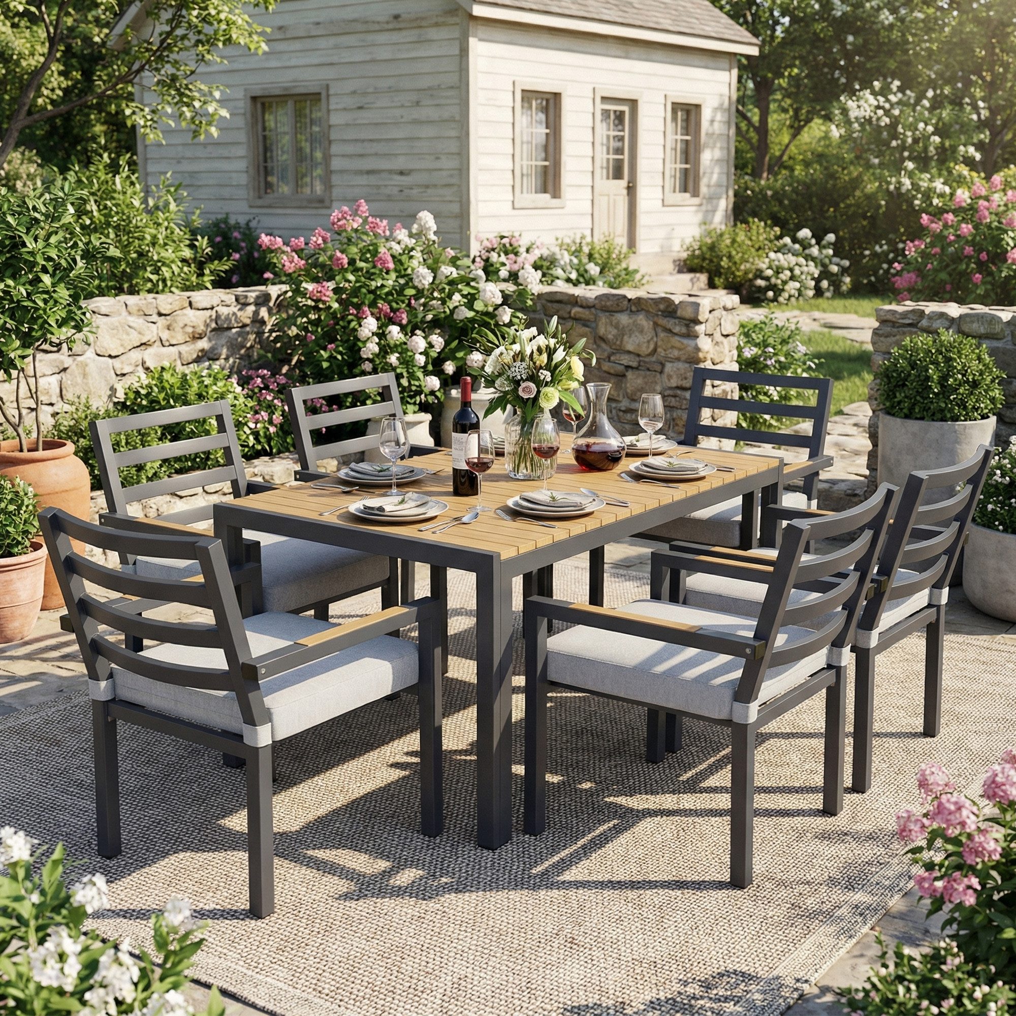 STILVORA Gartenlounge-Set für 6 Personen Garten-Essgruppe Gartenmöbel-Set mit 1 Tisch & 6 Stühle, (Tisch + 6 Stühle, Industrie-Design, Kunststoffholz + Eisen), stabil, wetterfest, pflegeleicht, ergonomisch, langlebig
