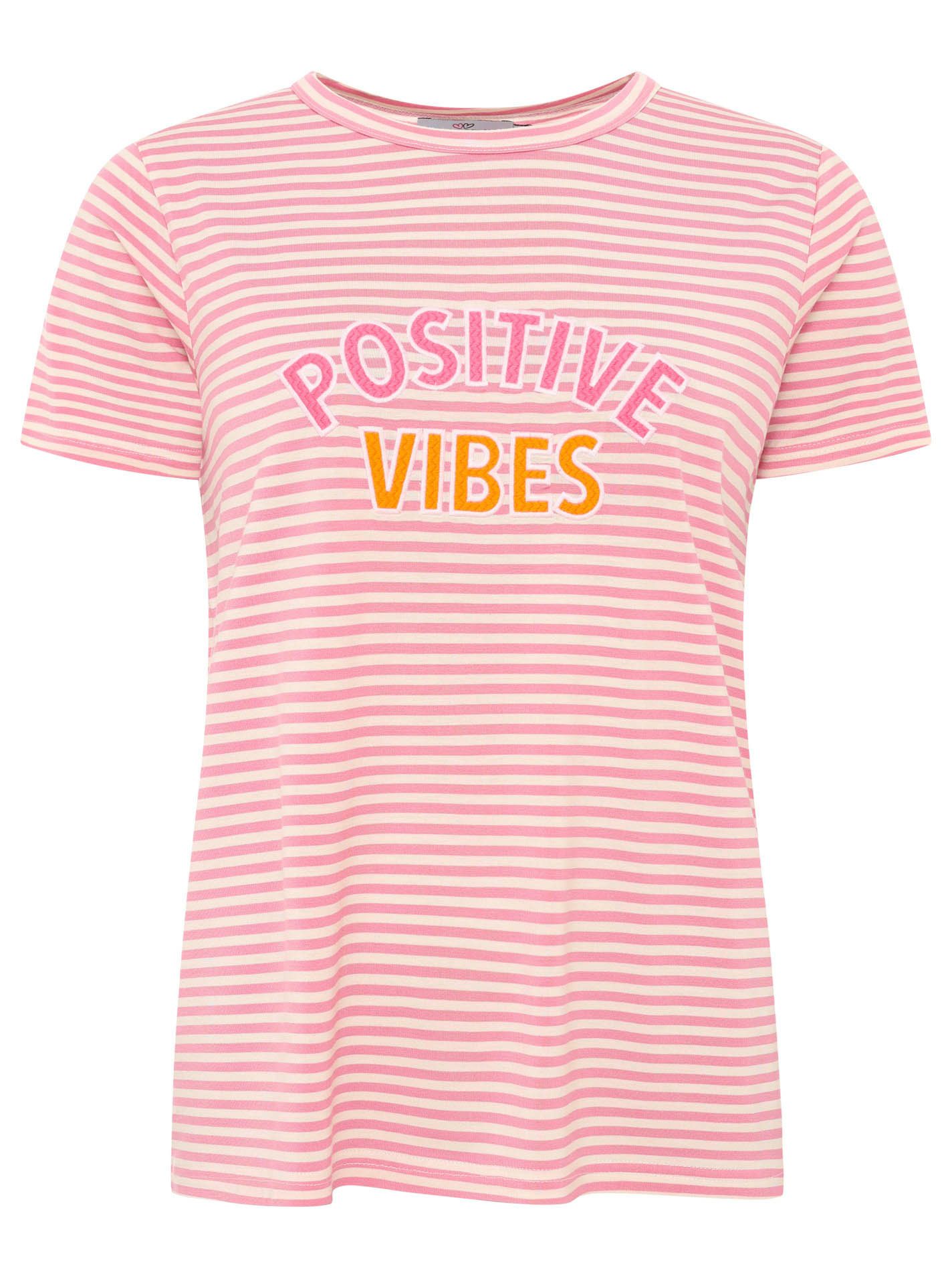 Zwillingsherz T-Shirt "Positive Vibes" gestickter Statement Schriftzug, Rundhals – Bild 2 von 4