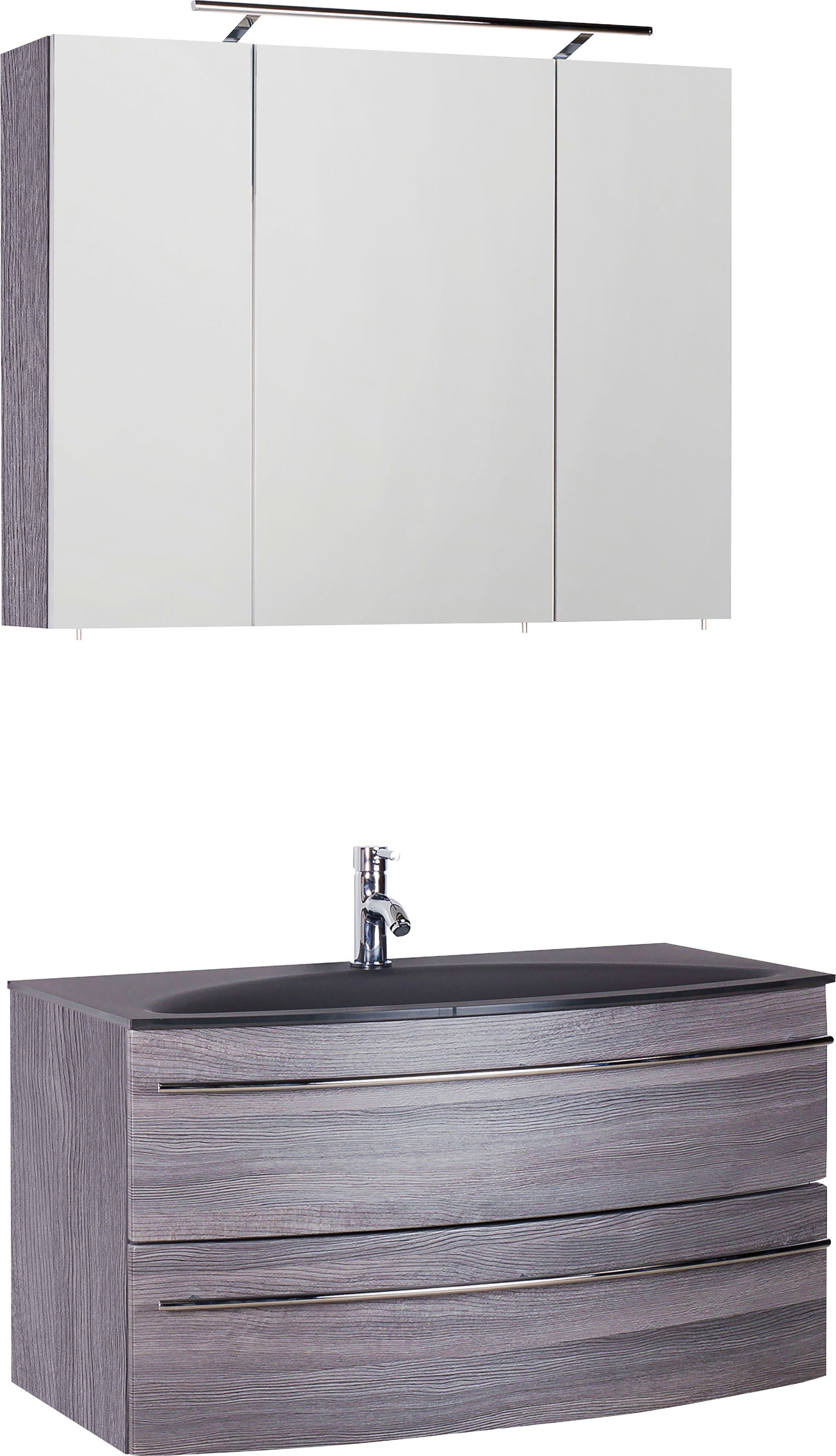 Spiegelschrank mit Breite (2-St), MARLIN Glas-Waschtisch mit 90 cm, LED-Beleuchtung, Waschtisch-Unterschrank Badmöbel-Set 3040,