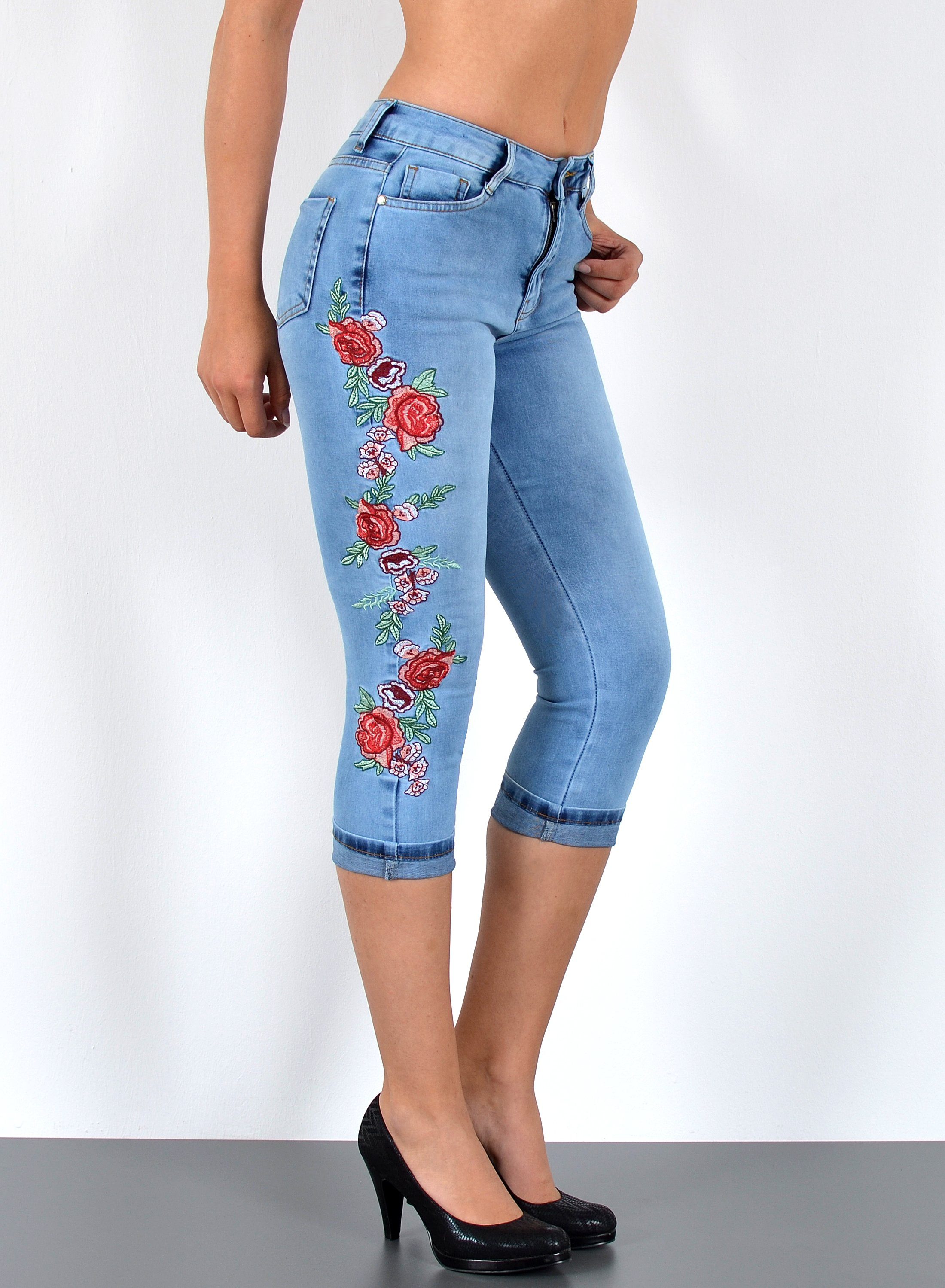 ESRA Caprijeans J374 Damen Capri Jeans High Waist, bis Übergröße / Plussize Größe, Damen Capri Taillenjeans mit hoher Leibhöhe bis übergröße, Damen 3/4 Jeans Hose Hoch Bund, mit Blumen Muster und Rissen, Damen Jeans Caprihose Destroyed