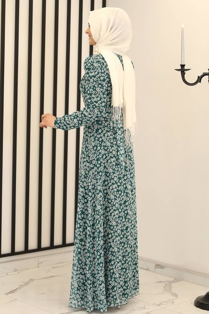 fashionshowcase Chiffonkleid Langärmliges Maxikleid für Damen – Modest Fashion Hijab Mode Geblümtes Muster, geschlossener Ausschnitt