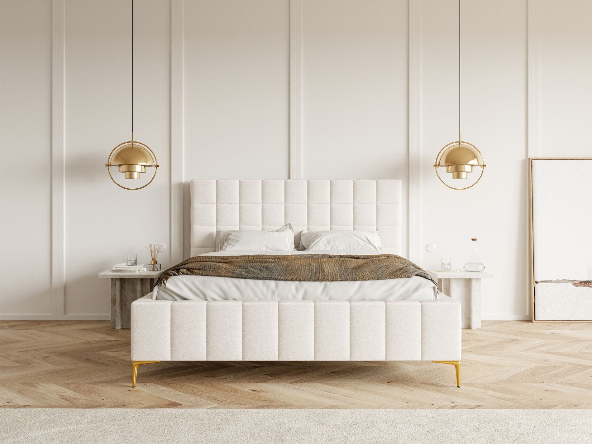Selsey Polsterbett SZEJLO, mit Chenille-Bezug, Bettkasten, Lattenrost und goldfarbenen Beinen