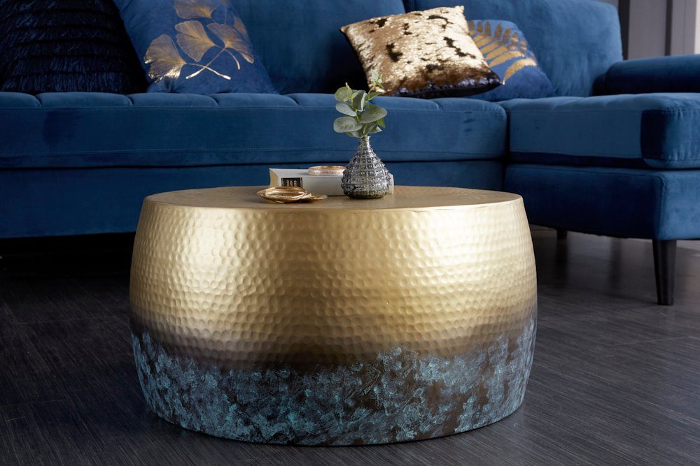 · (Einzelartikel, Metall / riess-ambiente Couchtisch Ø60cm blau Wohnzimmer · ORIENT handmade mit · rund III Patina Design Hammerschlag gold 1-St), ·