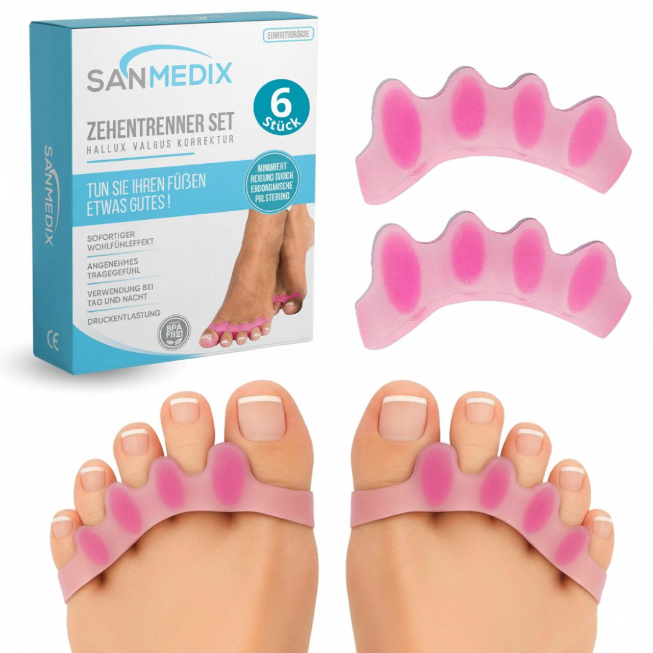 Sanmedix Zehenspreizer für alle Zehen - Zehentrenner aus Silikon für Damen & Herren, 3 Paar / 6 Stück, Zehenstrecker Korrektur Set gegen Hallux Valgus, Ballenzehen uvm.