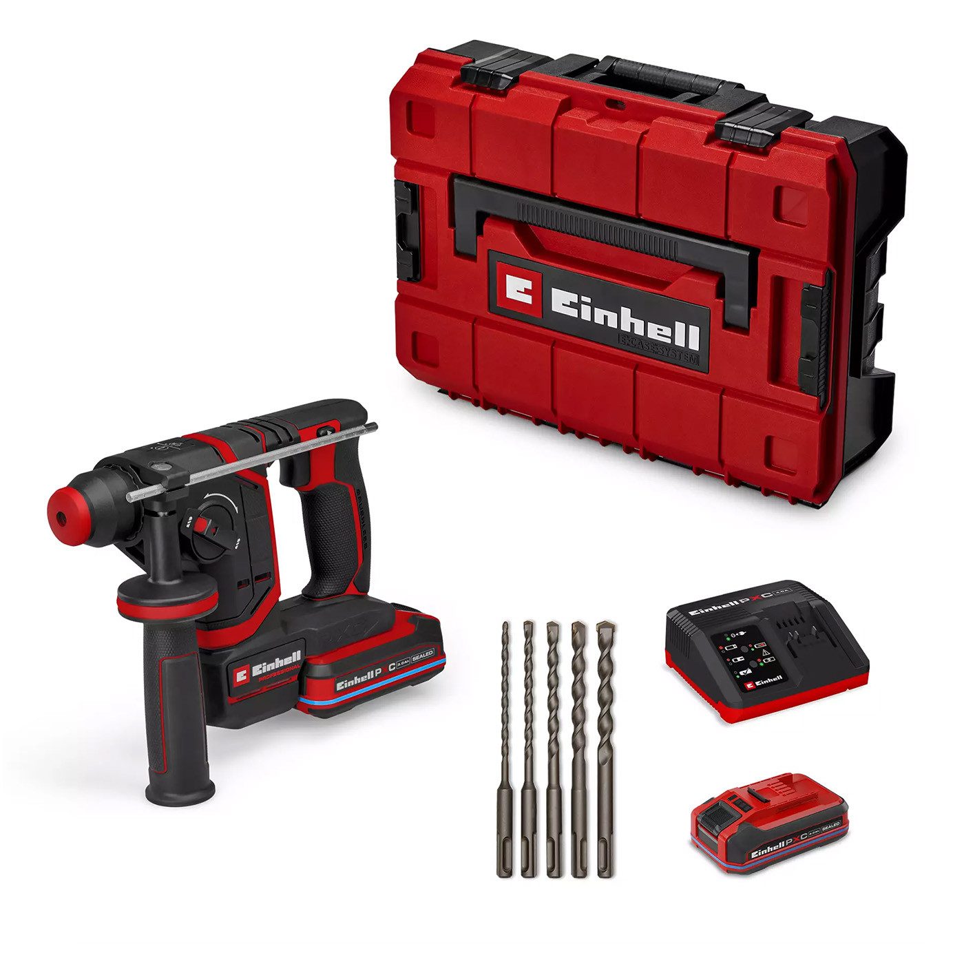 Einhell Akku-Bohrhammer TP-HD 18/17-C Li BL +5 (3.0Ah), 18 V, (Set, inkl. Akku, Ladegerät, 5 Bohrern, E-Case), LED-Licht, Power X-Change, Bürstenloser Motor