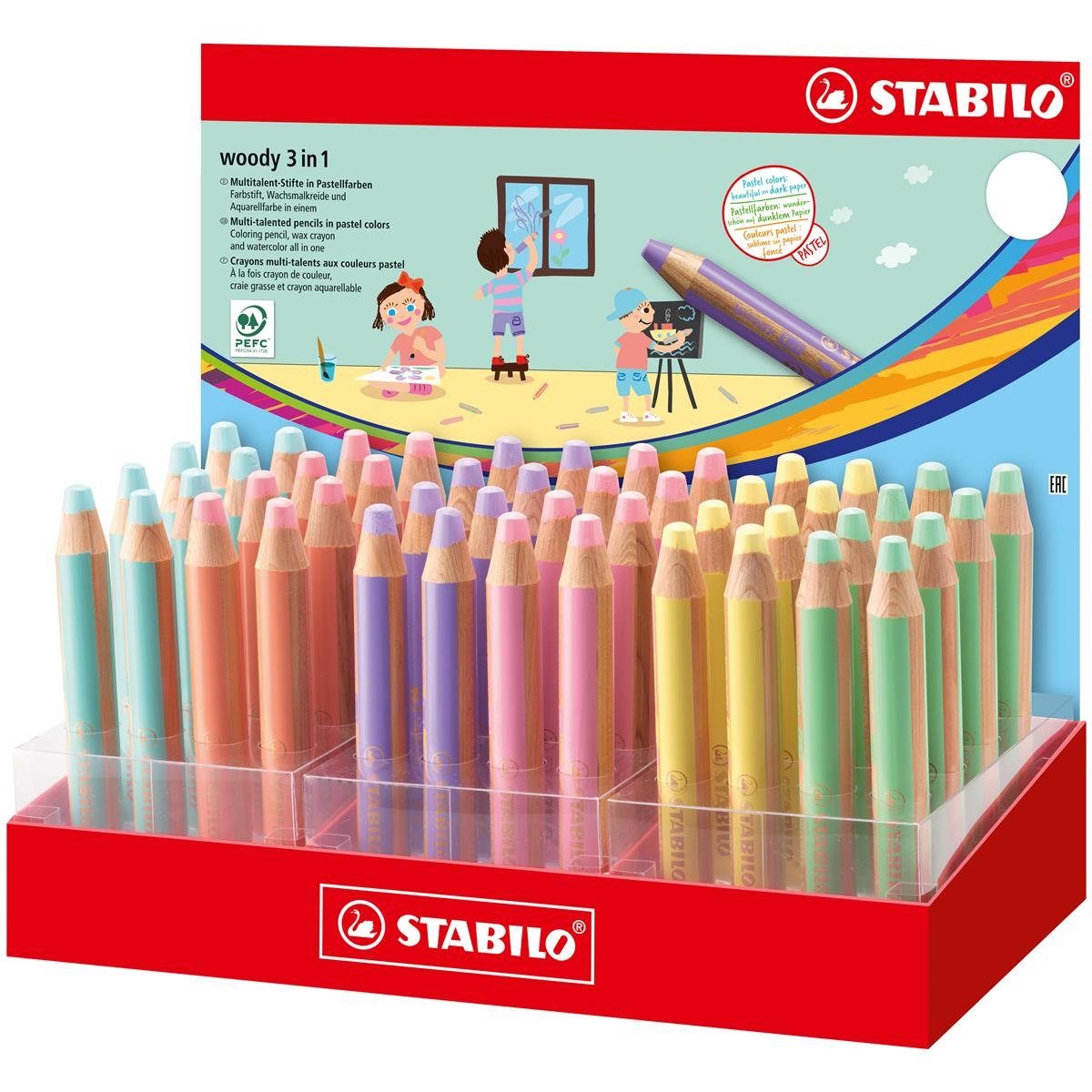 Buntstift STABILO woody 3 in 1 Buntstift - 10 mm - 48er Display Pastell mit 6