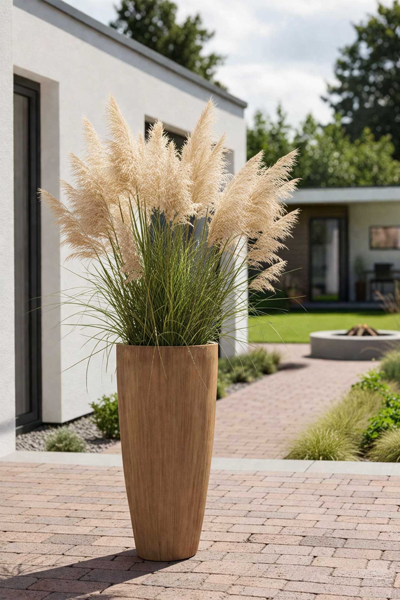 VIVANNO Pflanzkübel Fiberglas CITY Rund - Streifenbeige Geriffelt (1 St), 3 günstig online kaufen