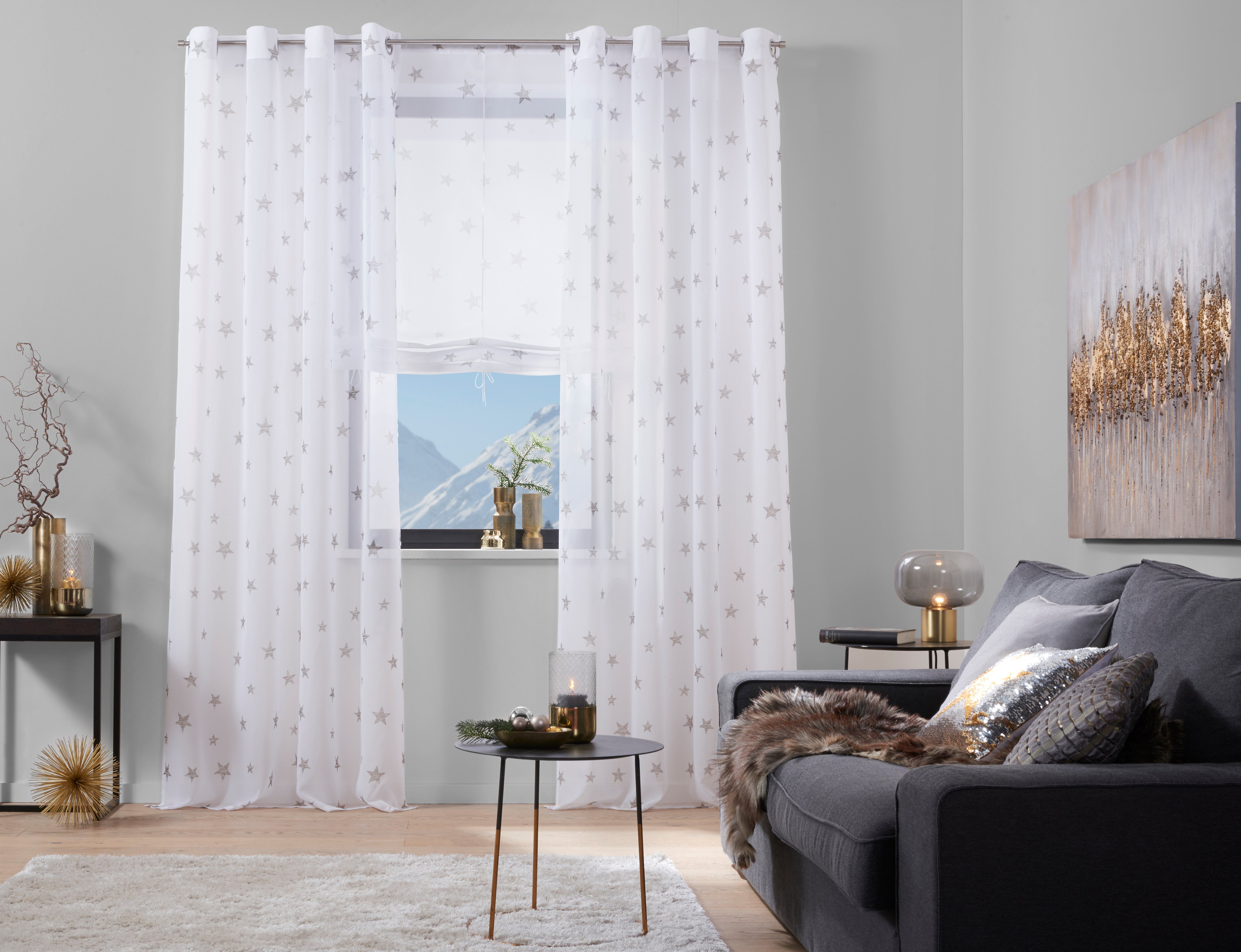 Voile, Transparent, Stangendurchzug, Polyester home, my grau Bändchenrollo mit Stern,