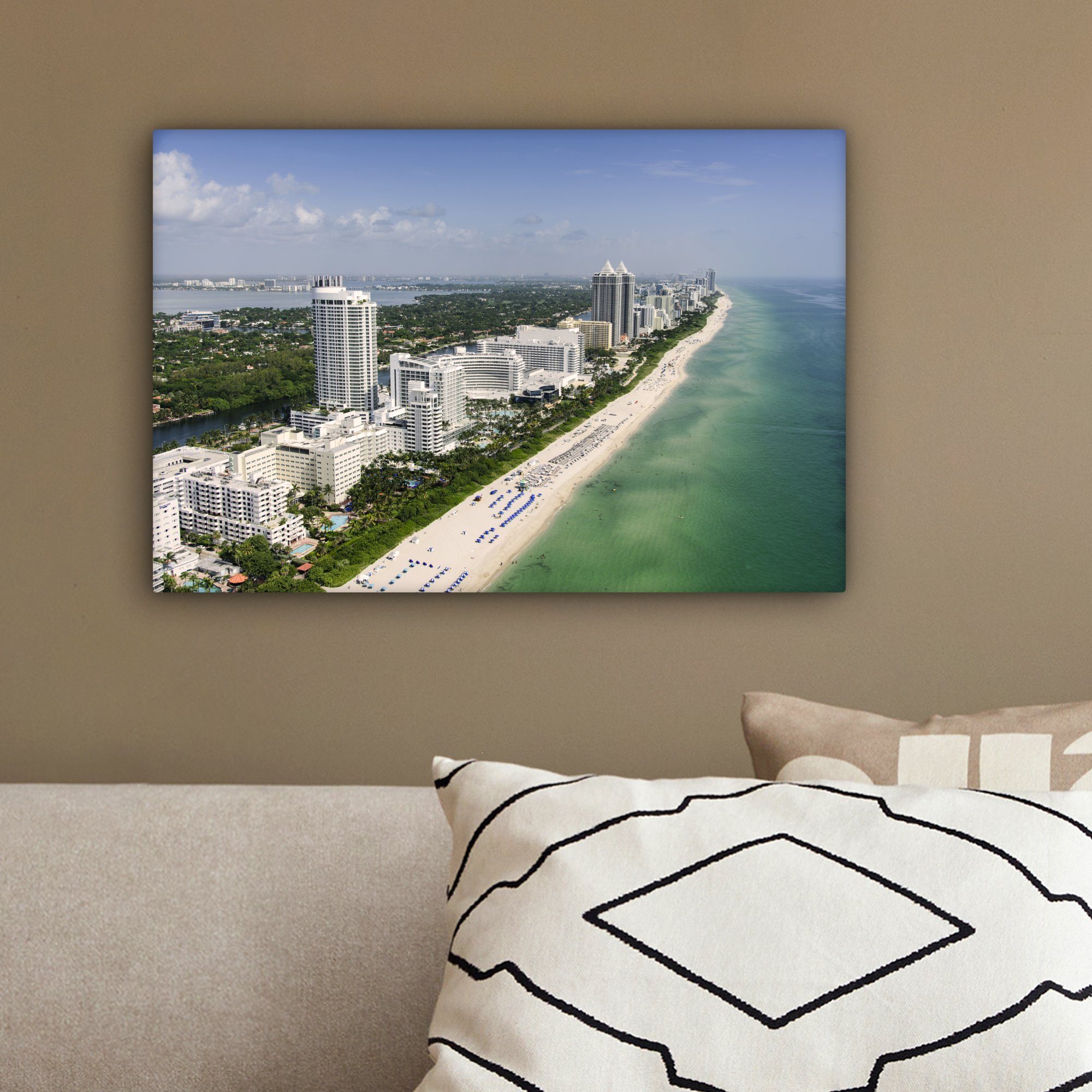 Aufhängefertig, - St), - Miami cm Leinwandbilder, Küste 30x20 (1 Leinwandbild Wanddeko, OneMillionCanvasses® Amerika, Wandbild