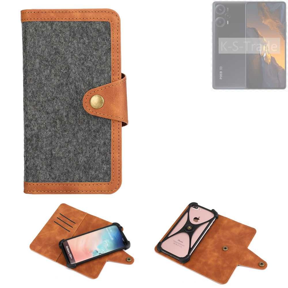 K-S-Trade Handyhülle für POCO F5, Schutzhülle Handyhülle Filz Hülle Kunst-Leder dunkelgrau braun