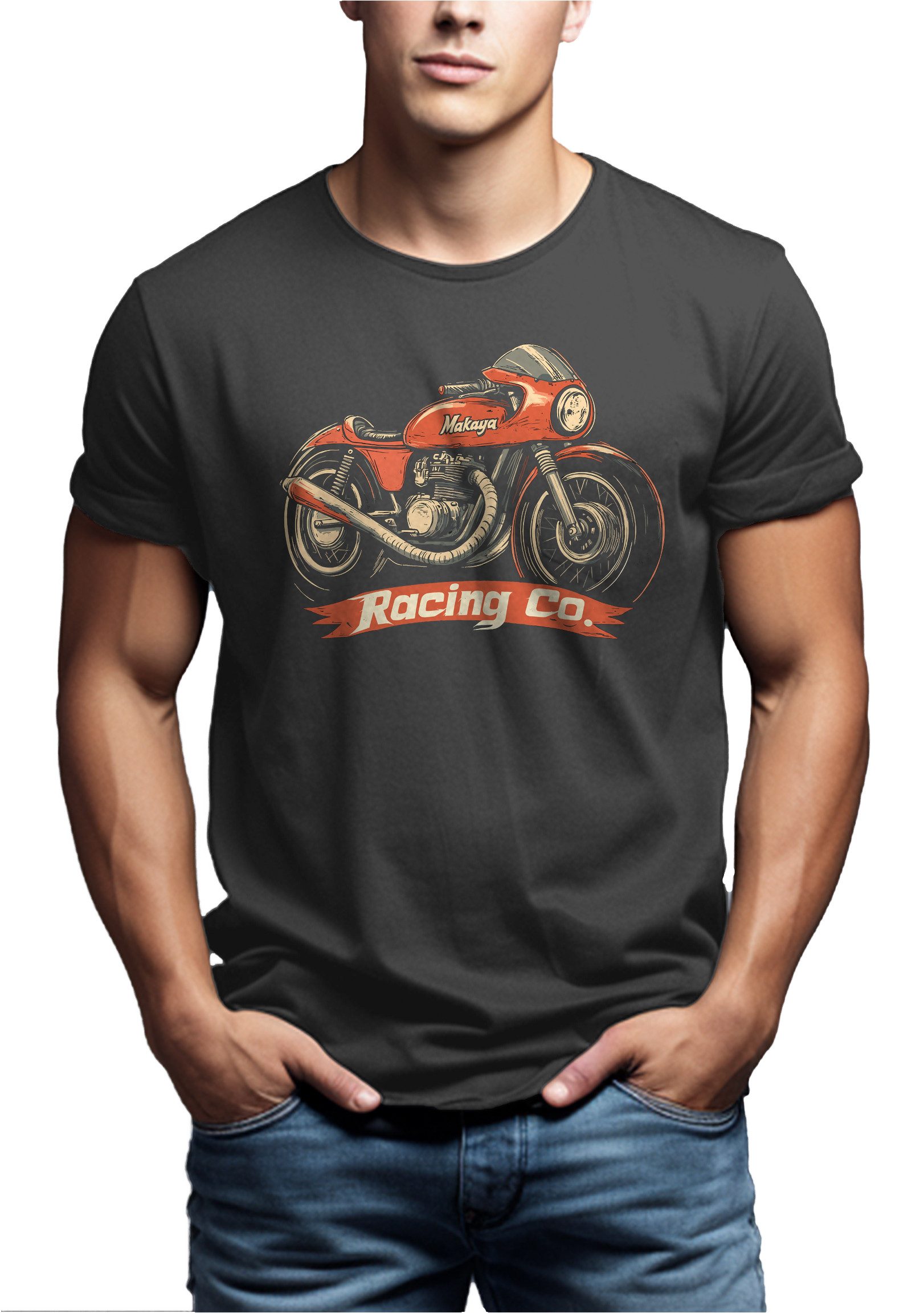 MAKAYA T-Shirt Bikershirt für Herren – Vintage Motorrad Design & Geschenkidee (Schwarz, Blau, Grün, Blaugrau, Grau, S, M, L, XL, XXL, XXXL, XXXXL, XXXXXL) Baumwolle